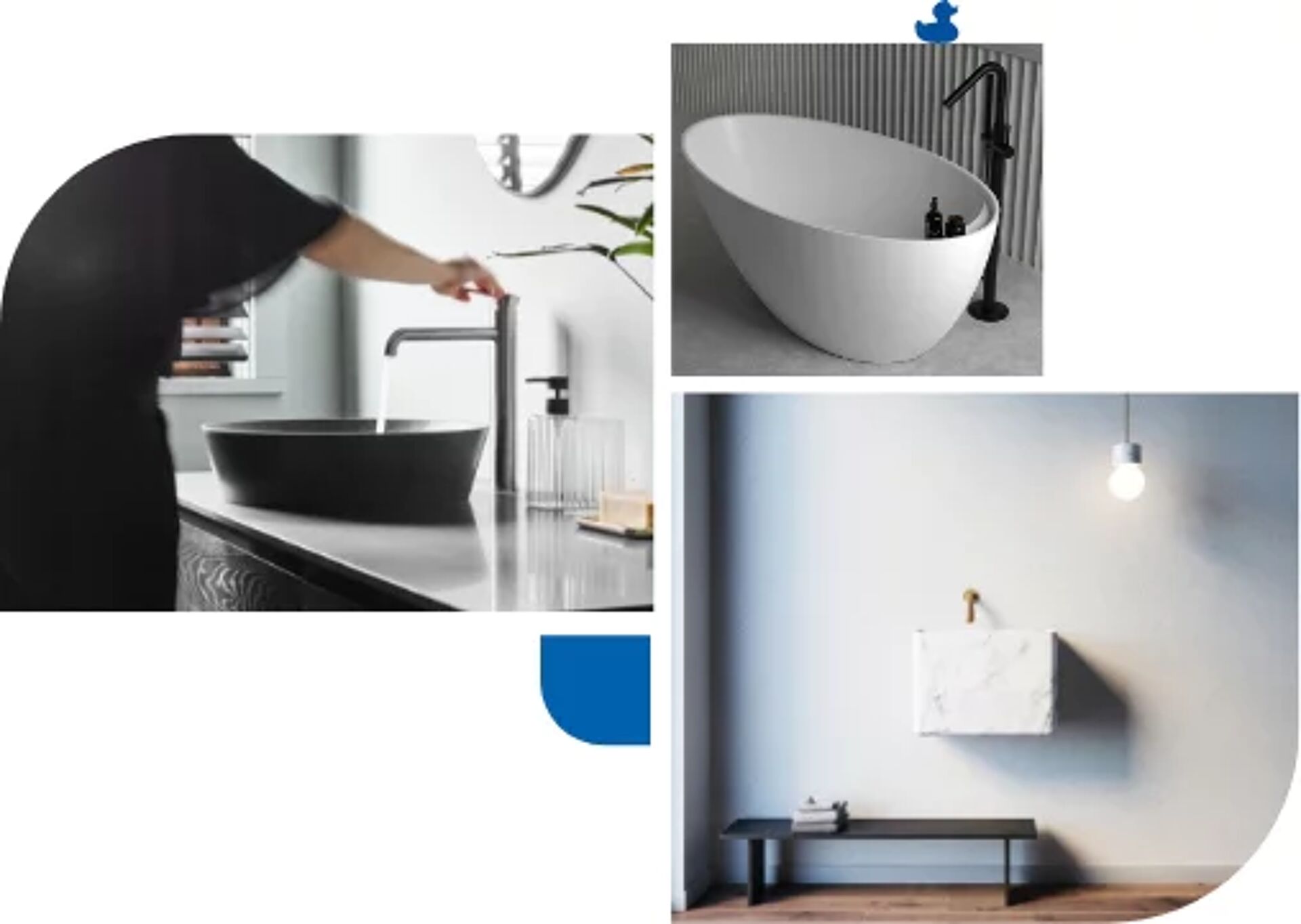 Moderne badkamerdetails met zwarte waskom, vrijstaand wit bad en minimalistische marmeren wastafel.