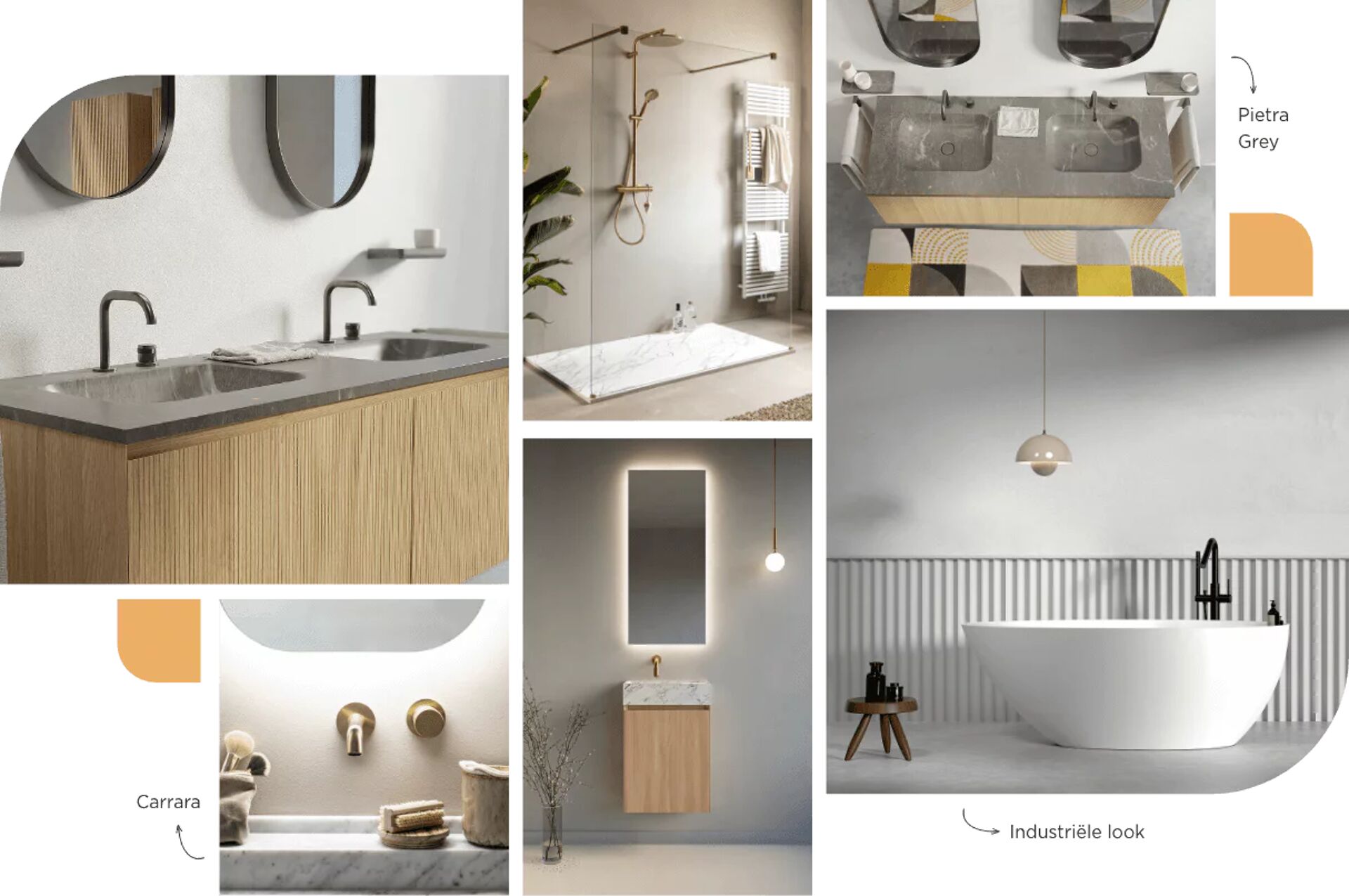 Inspiratie voor moderne badkamers met houten wastafels, marmeren accenten, inloopdouche en vrijstaand bad.