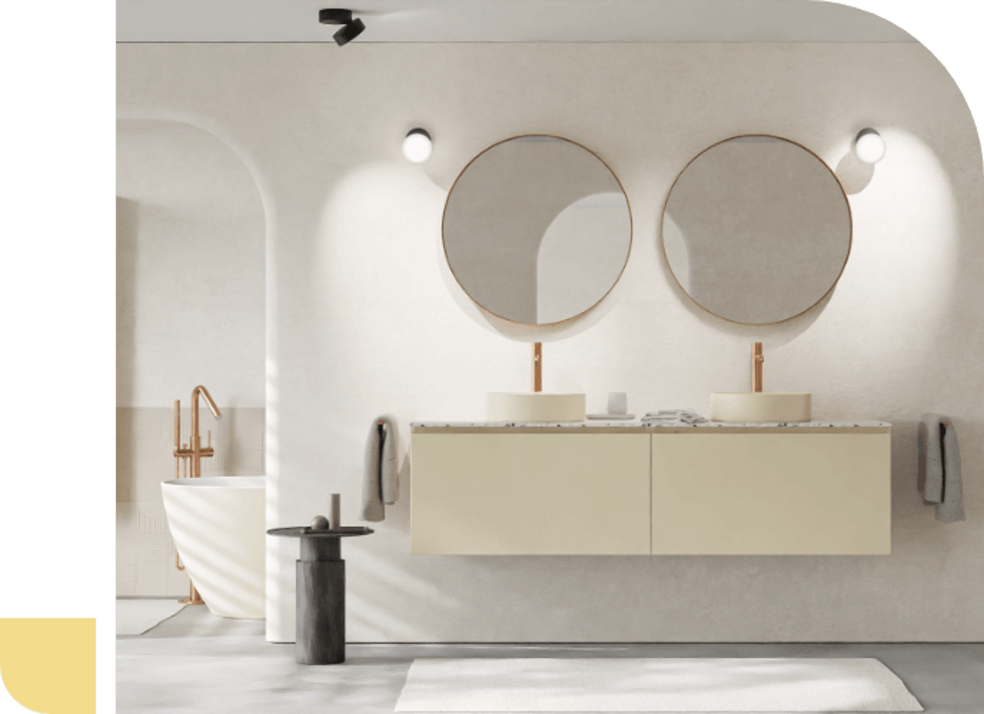 Minimalistische badkamer met zwevend beige wastafelmeubel, ronde spiegels en gouden accenten voor een luxe uitstraling.