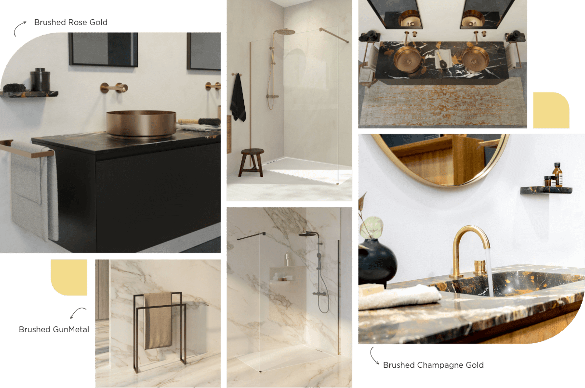 Luxuriöse Badezimmerinspiration mit Marmorwaschtischen, Kupferarmaturen und goldenen Akzenten für eine edle Optik.