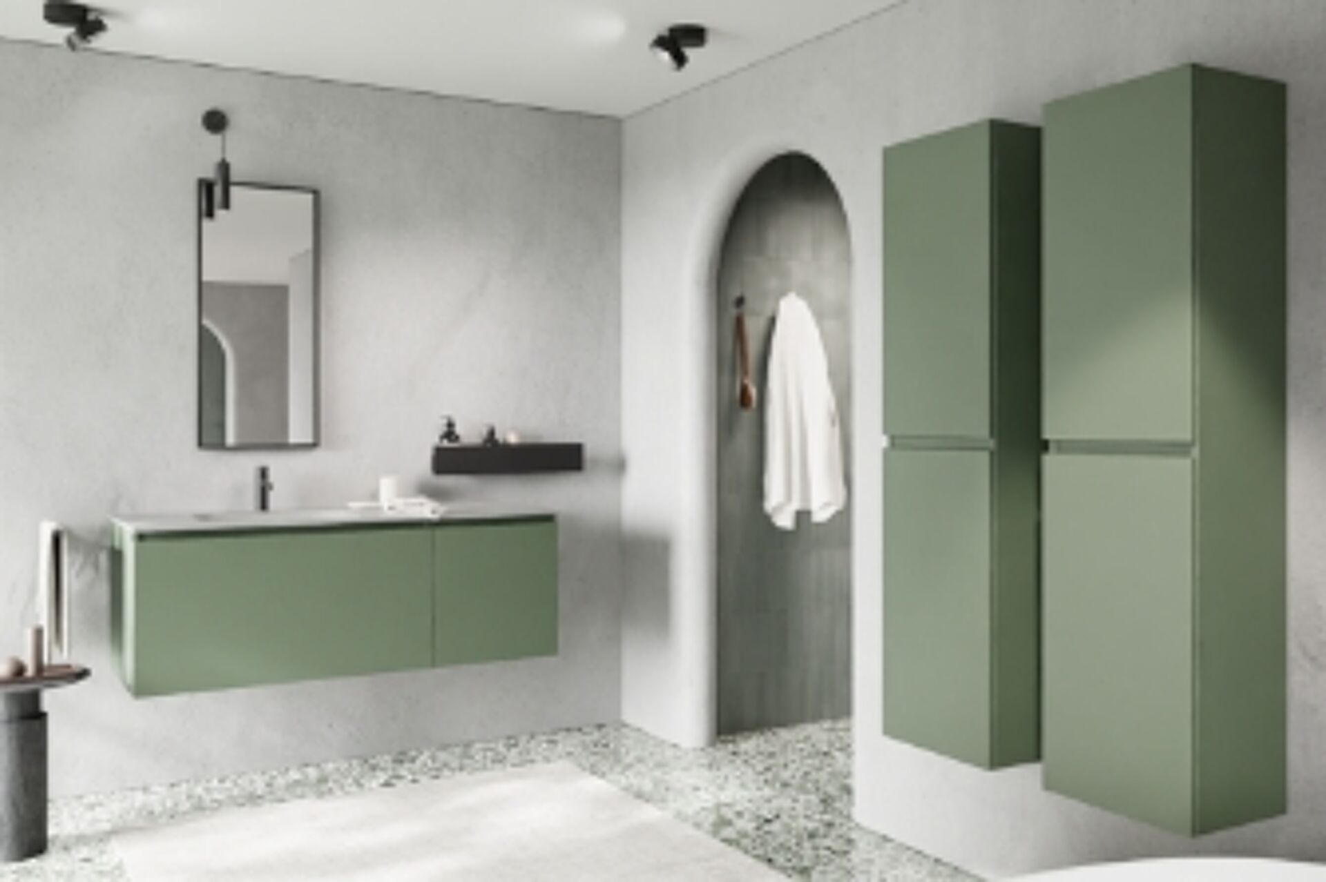 Modernes Badezimmer mit schwebendem grünem Waschtisch, Stauraumschränken und Terrazzo-Boden für stilvolle Optik.