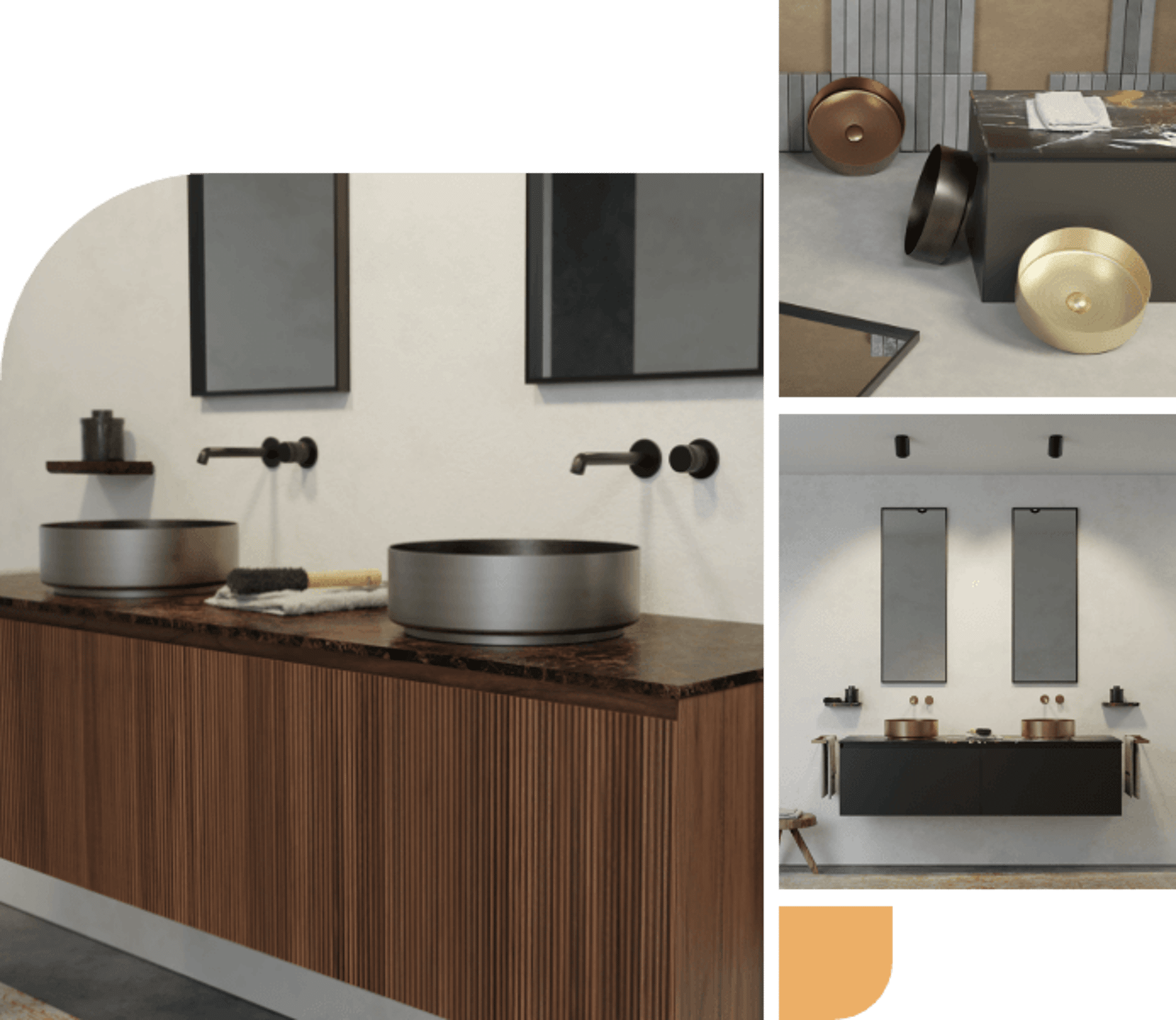 Luxuriöses Badezimmer mit Holzwaschtisch, Marmorplatte und Metallwaschbecken für eine moderne, schicke Optik.