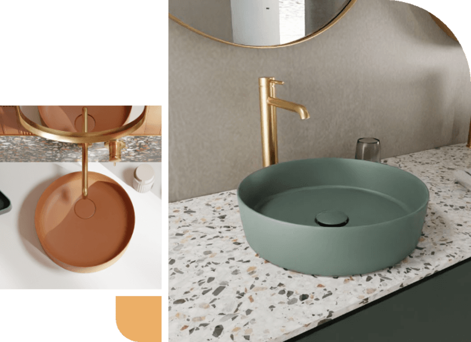Design-Waschbecken mit runder grüner und terrakottafarbener Waschschüssel, goldener Armatur und Terrazzo-Platte.