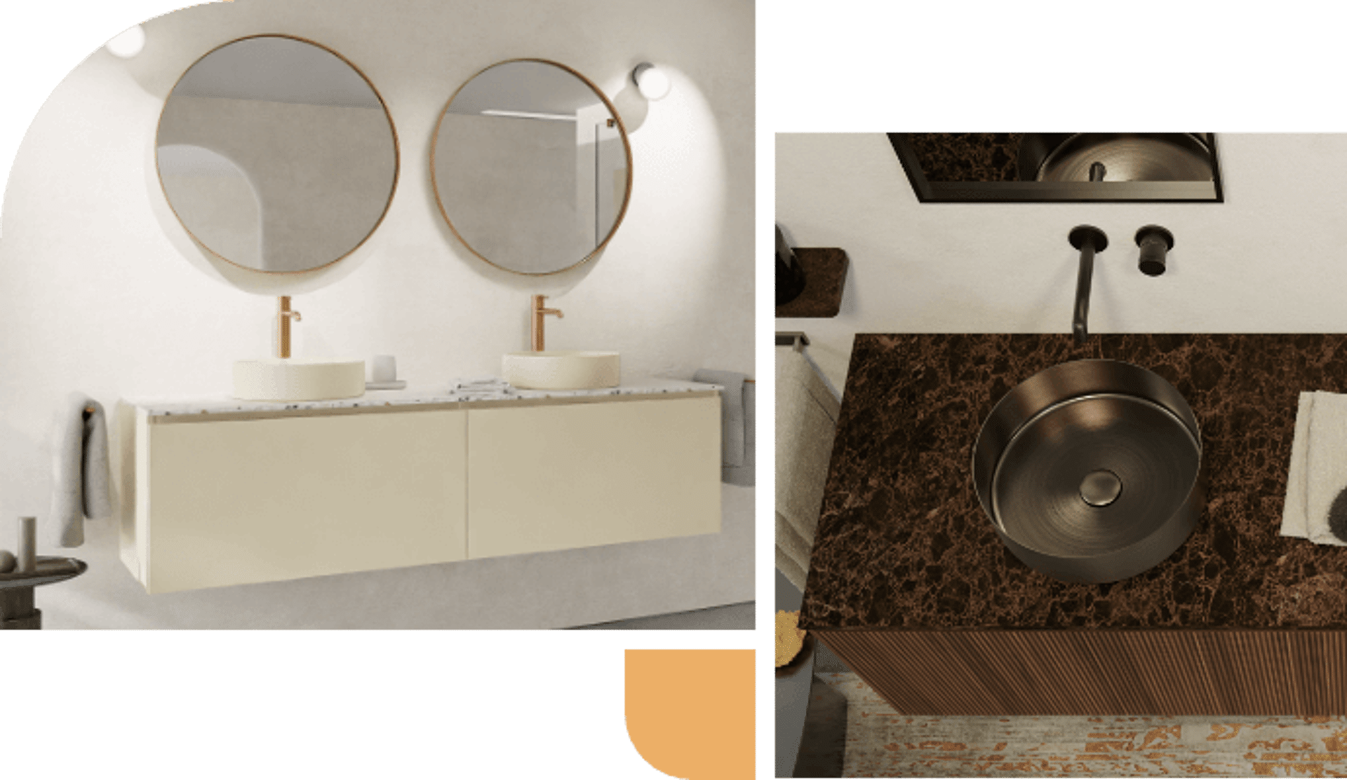 Moderne Waschtische: schwebendes beiges Möbel mit runden Spiegeln und Terrazzo, sowie Holz mit Marmor und Metallwaschbecken.