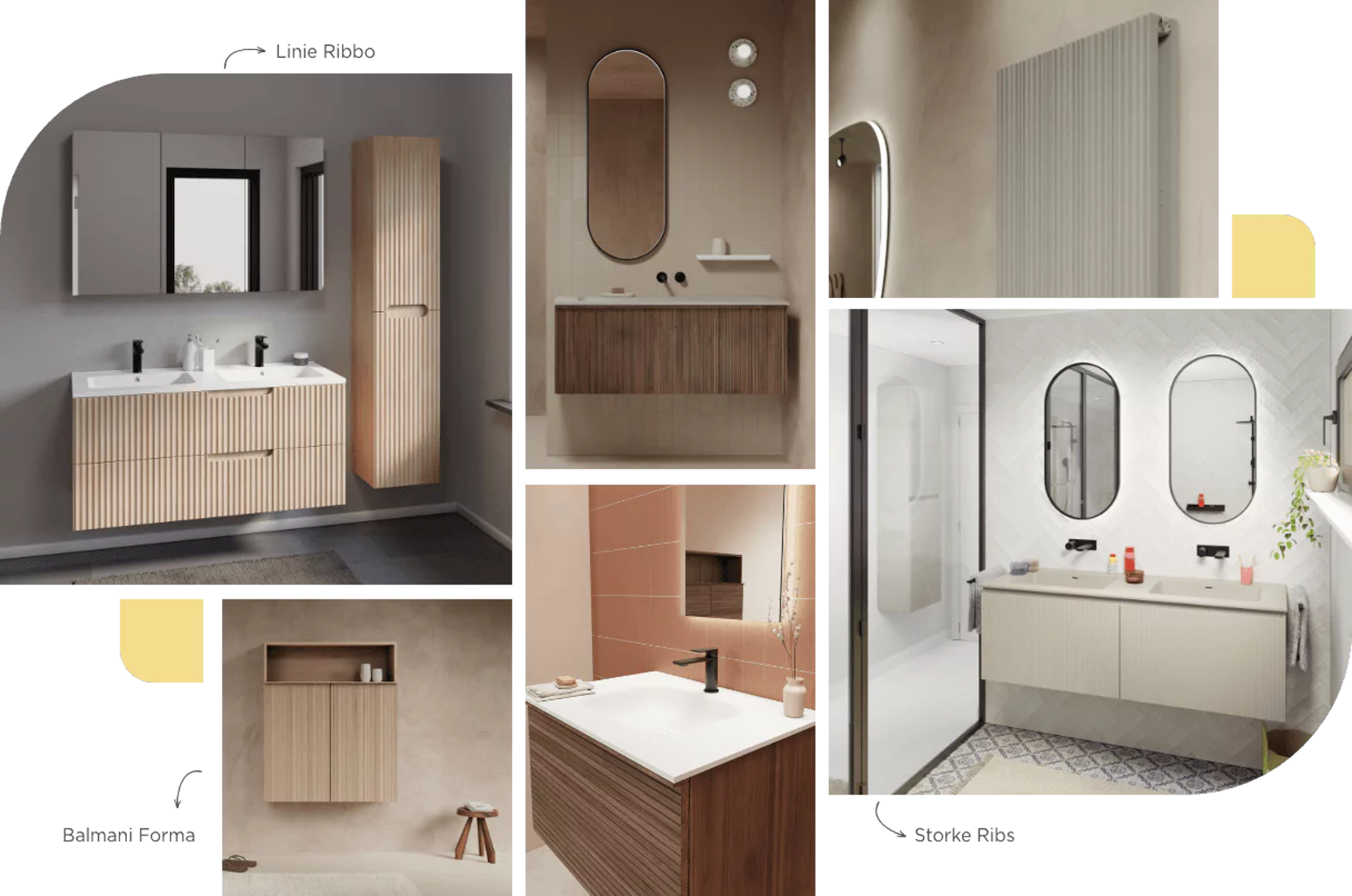 Salle de bains moderne avec un meuble de salle de bains en bois, un miroir rond et des matériaux naturels.
