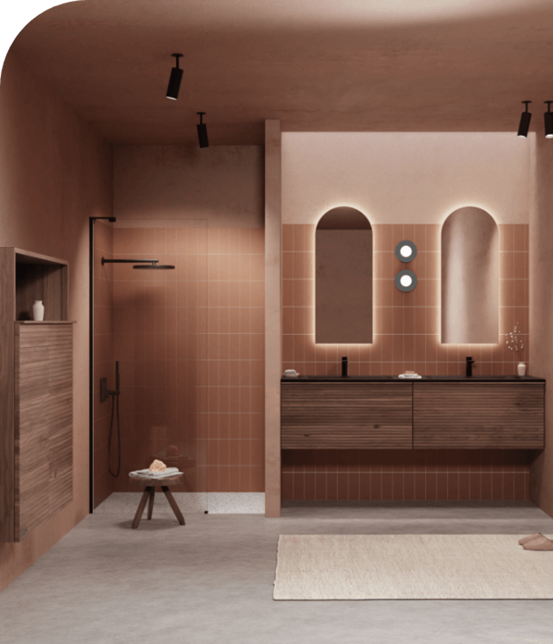Salle de bain chaleureuse avec carrelage terracotta, meuble en bois et douche à l'italienne noire.