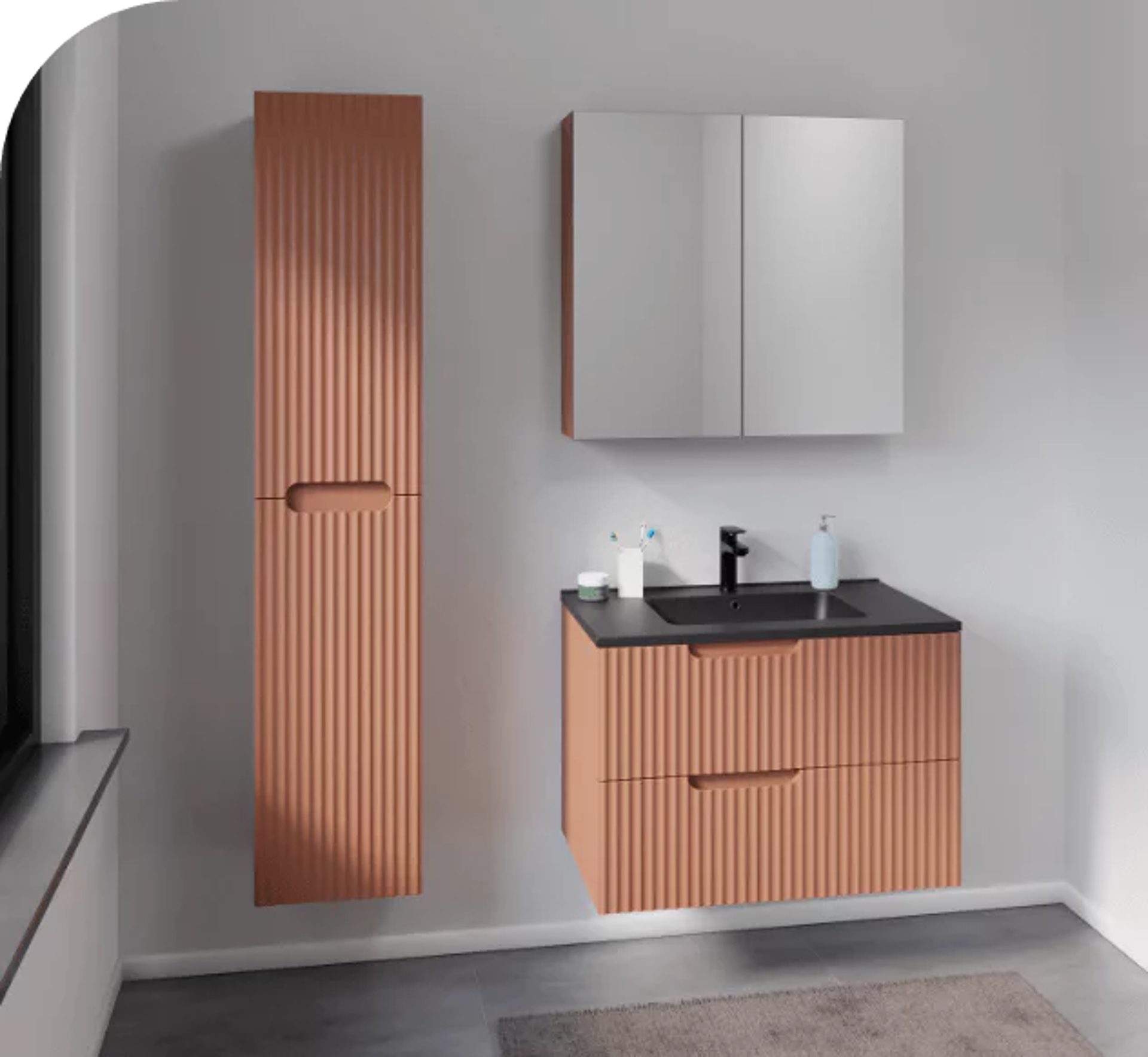 Meuble de salle de bain moderne avec structure nervurée en terracotta et lavabo noir.