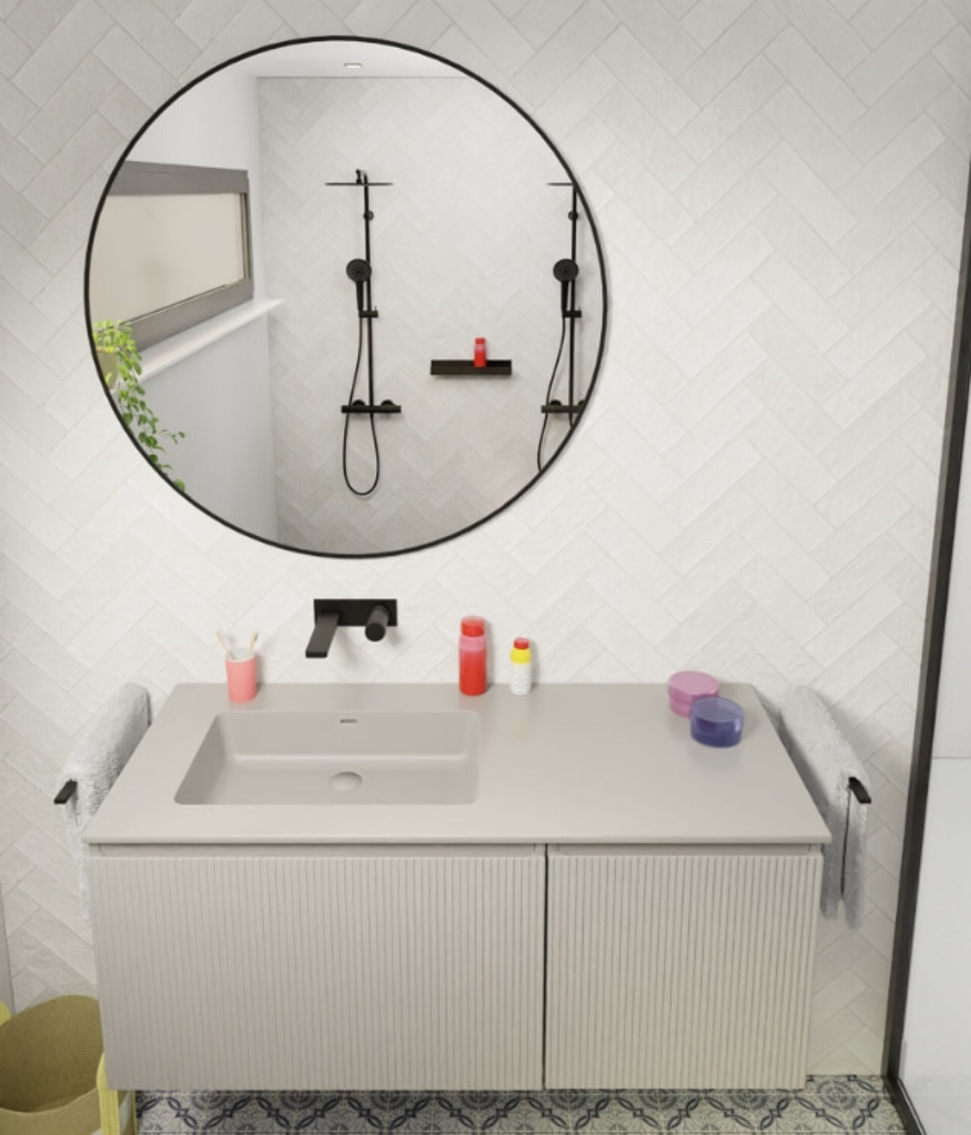 Meuble de salle de bain moderne avec finition rainurée et lavabo intégré en teinte beige.