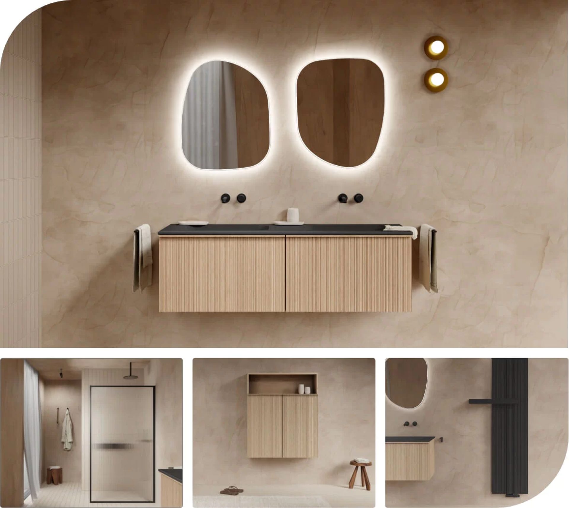 Meuble de salle de bain en bois avec lavabo noir et miroirs organiques rétroéclairés.