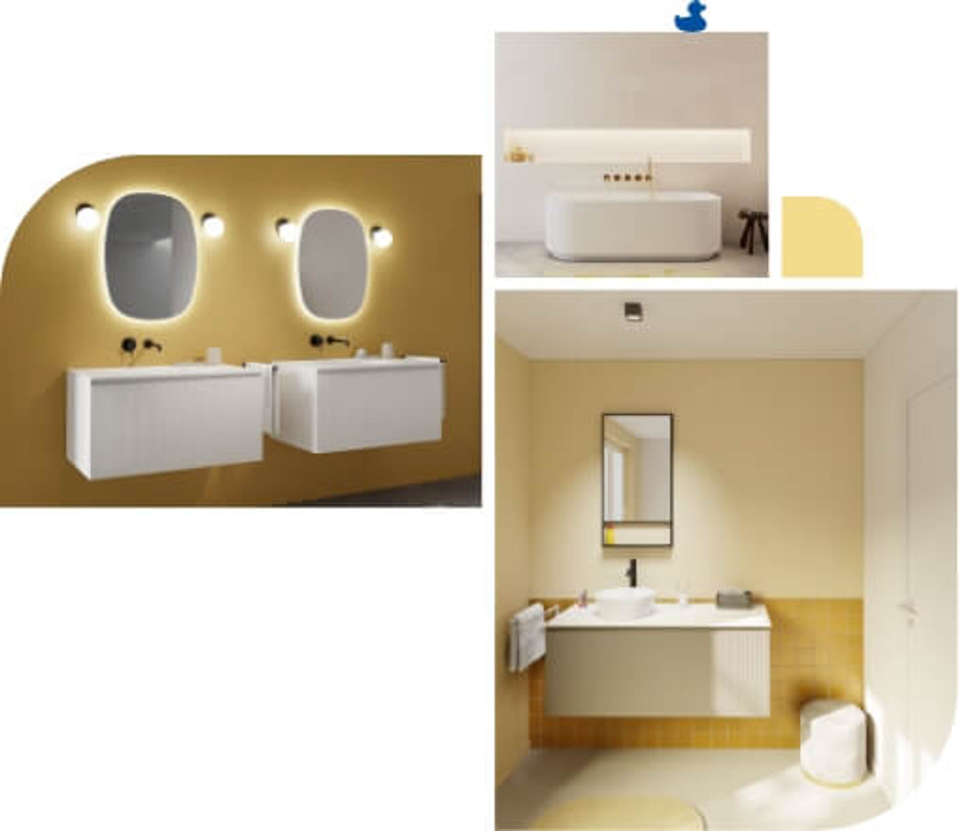 Meubles de salle de bain suspendus blancs sur un mur jaune chaleureux avec miroirs organiques et éclairage d'ambiance.