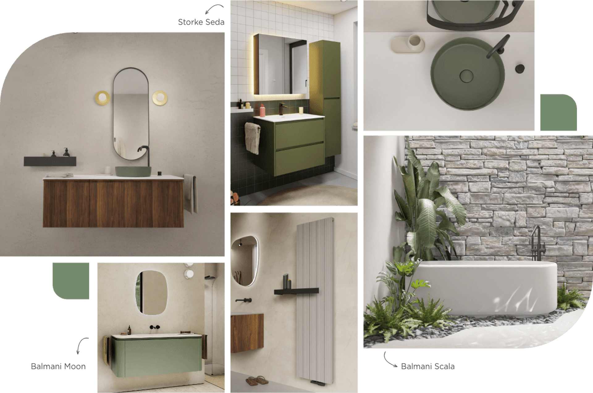 Moderne badkamers met groene accenten, zwevende wastafelmeubels, designradiator en buitenspa in natuurlijke setting.
