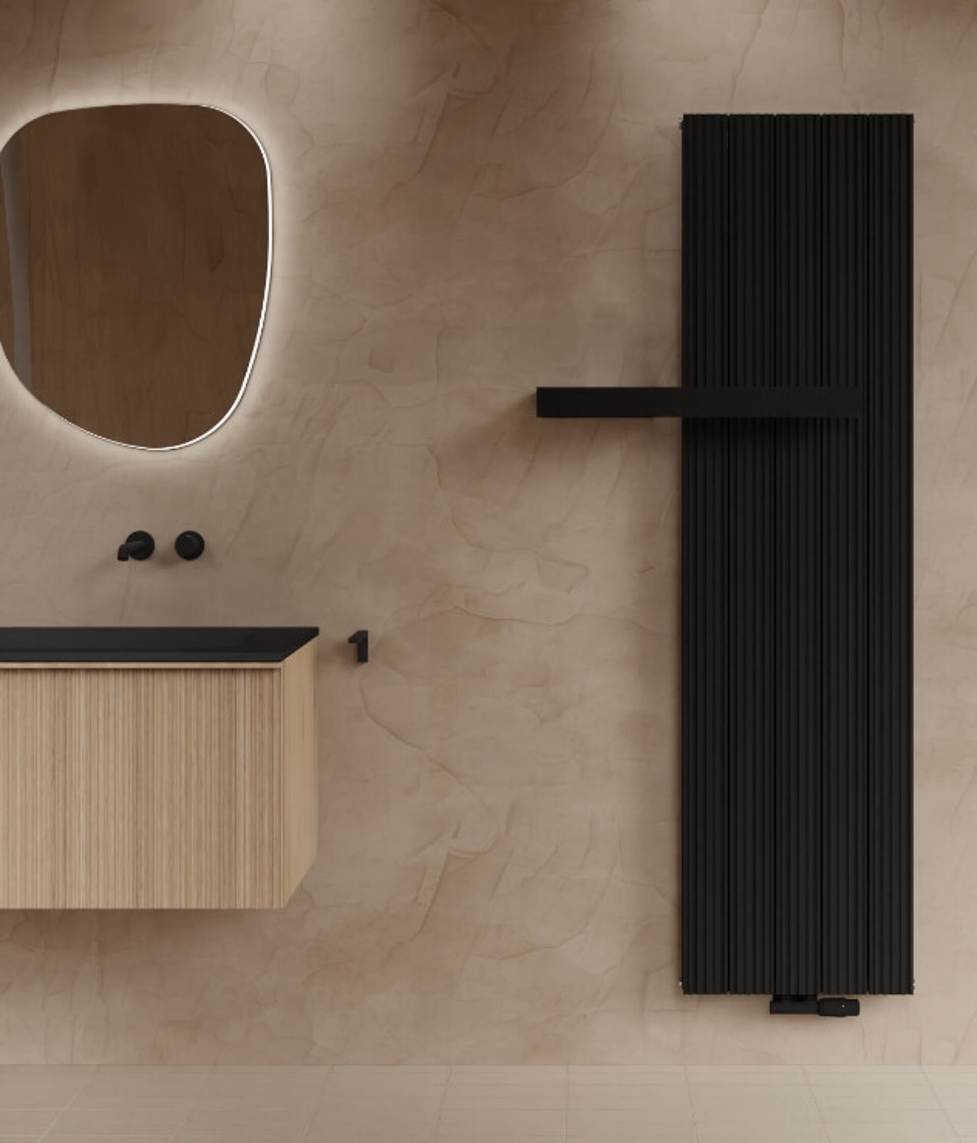 Zwarte designradiator met plank, gecombineerd met houten wastafelmeubel en organische spiegel.