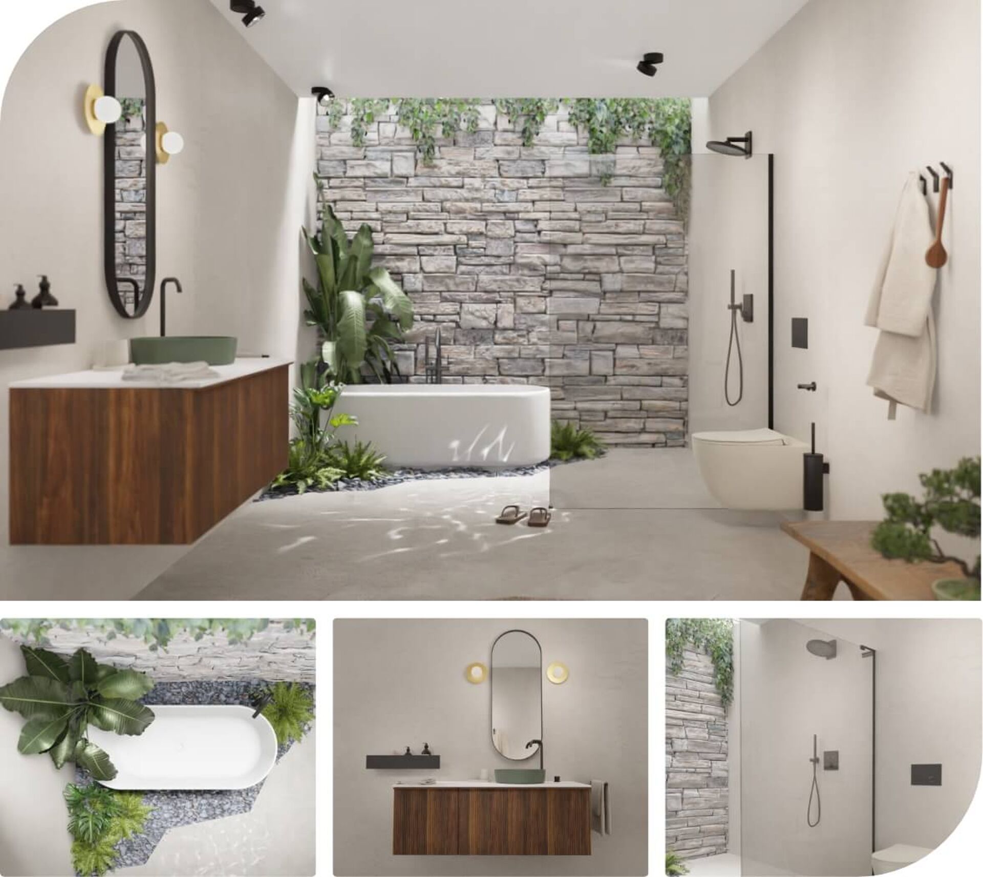 Luxe badkamer met vrijstaand wit bad, houten wastafel en groene accenten in een natuurlijke setting.