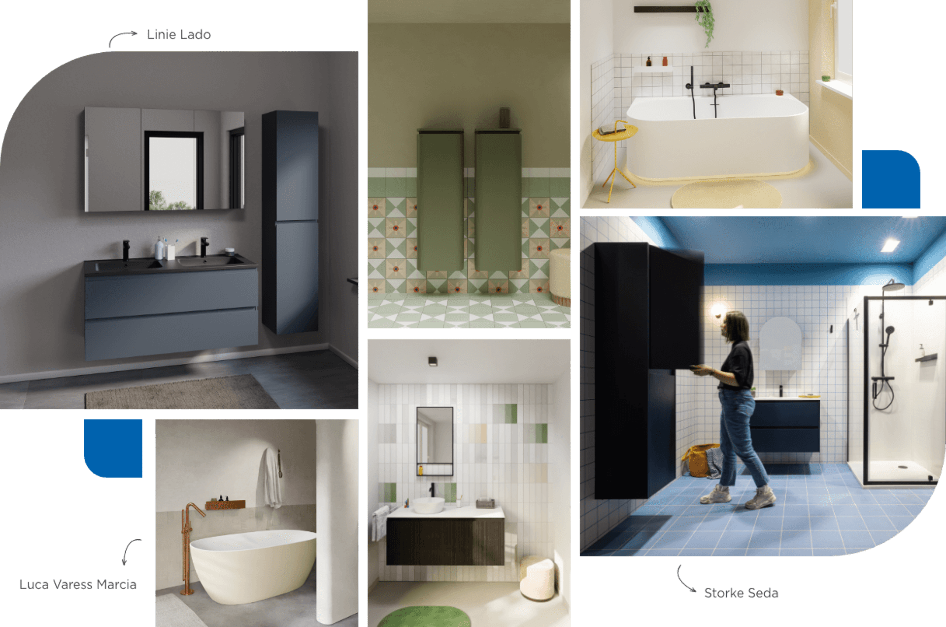 Collage van moderne badkamers met diverse stijlen en kleuren. Inclusief blauwe en groene badkamermeubels, een bad met zwarte kranen, een wandkast in een blauw betegelde ruimte en een minimalistisch bad met houten accenten