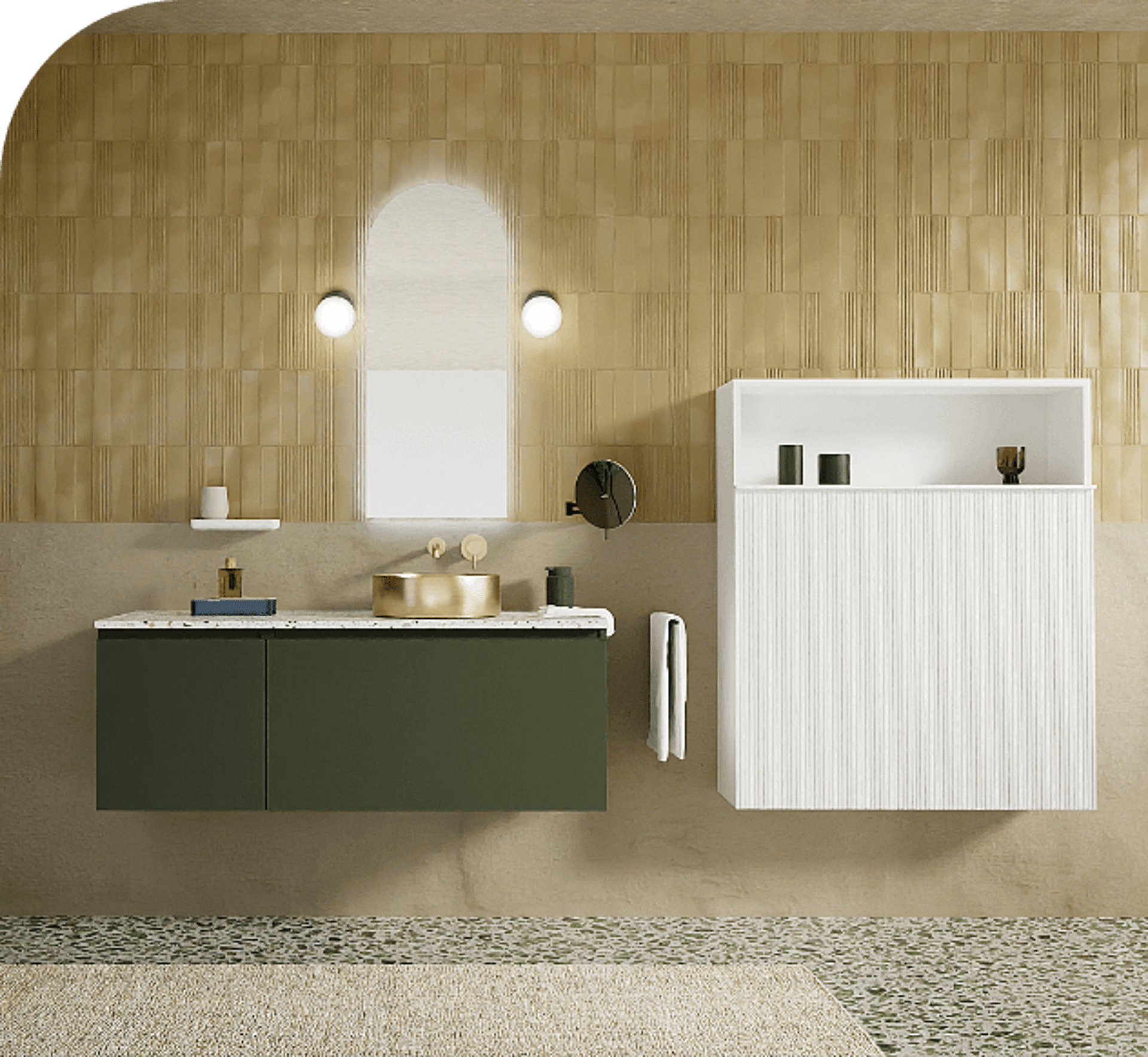 Moderne badkamer met een zwevend donkergroen badkamermeubel, een terrazzo blad, een gouden opzetwaskom en een witte wandkast. De ruimte heeft een warme sfeer met beige en goudkleurige tegels en minimalistische verlichting.