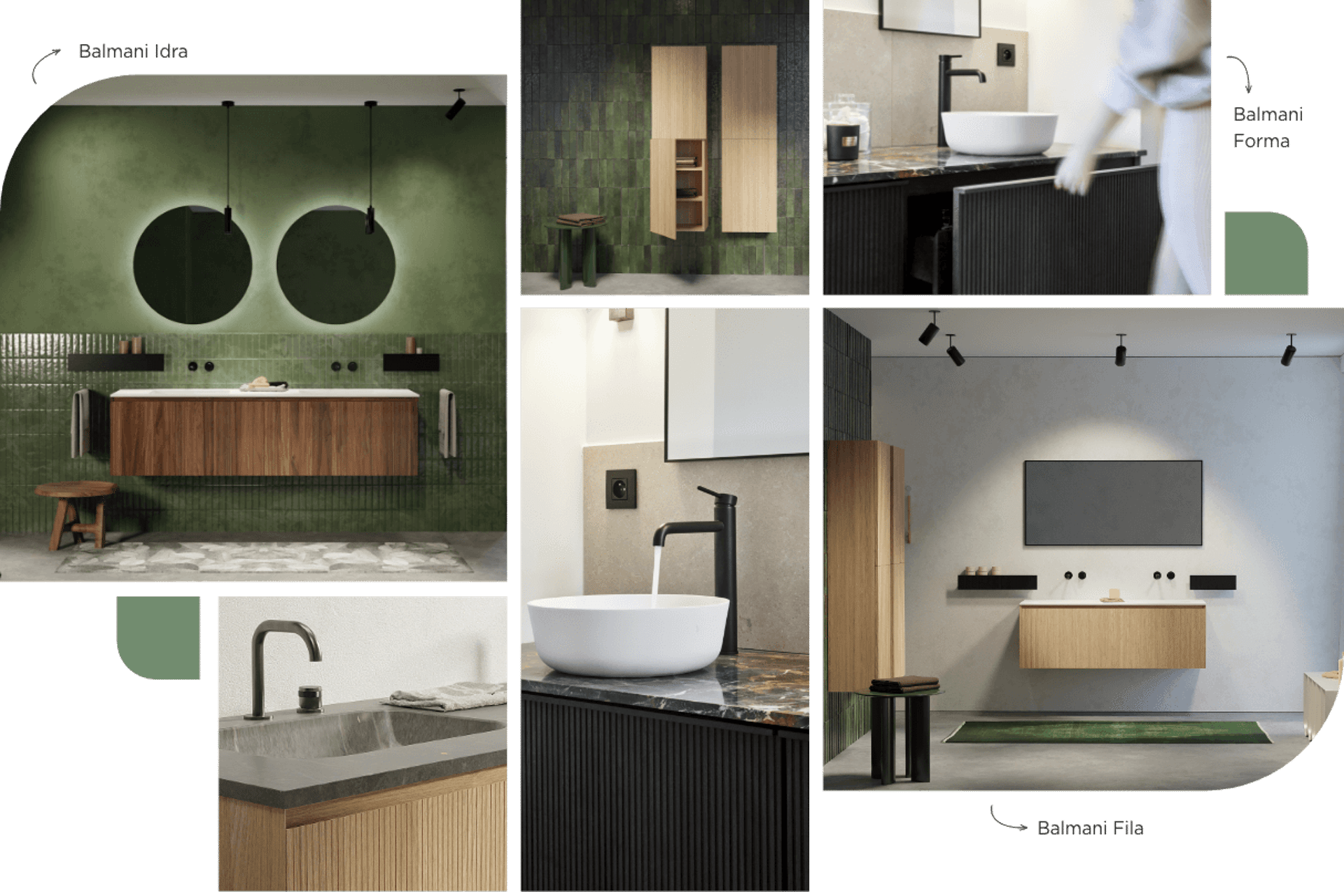Moderne Badezimmer mit Holzmöbeln, grünen Fliesen, schwarzen Armaturen und Waschbecken.