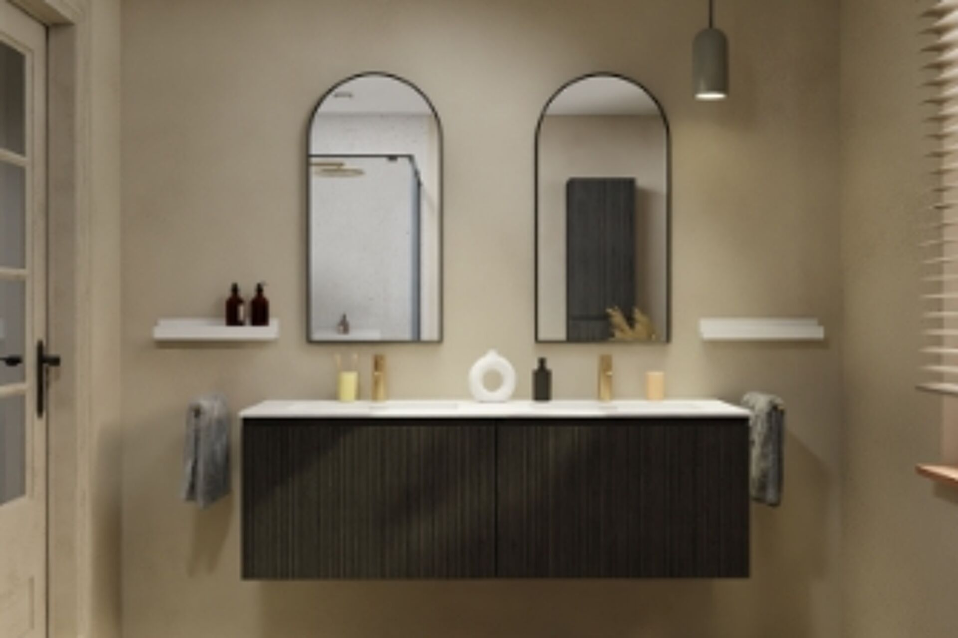 Modernes Badezimmer mit Holzwaschbeckenmöbel, ovalen Spiegeln und minimaler Beleuchtung