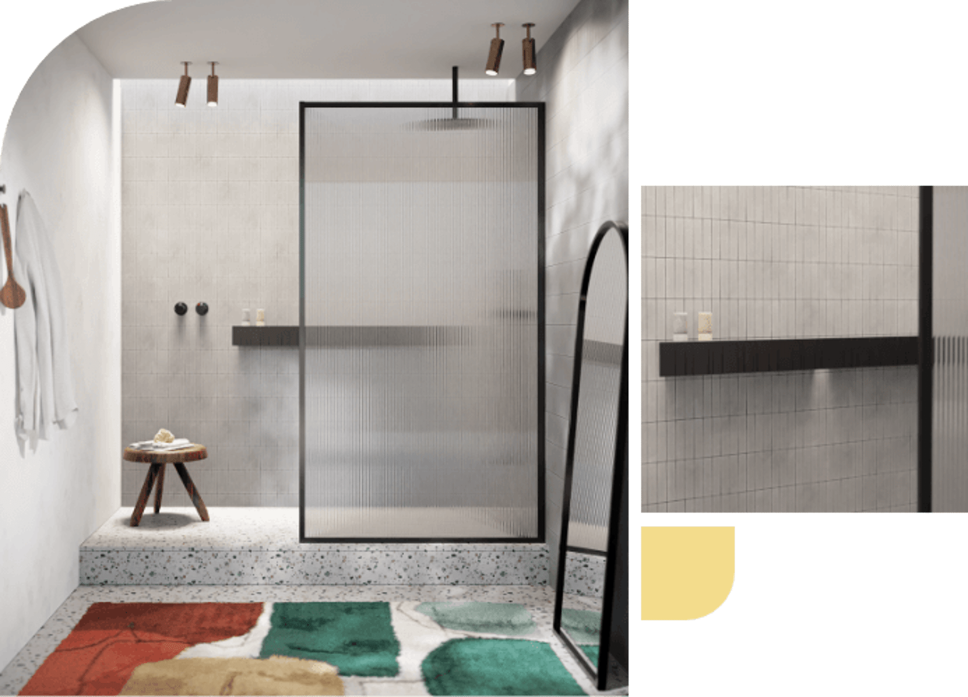 Badezimmer mit schwarzer Metall-Duschwand, minimalistisches Design und buntem Teppich.