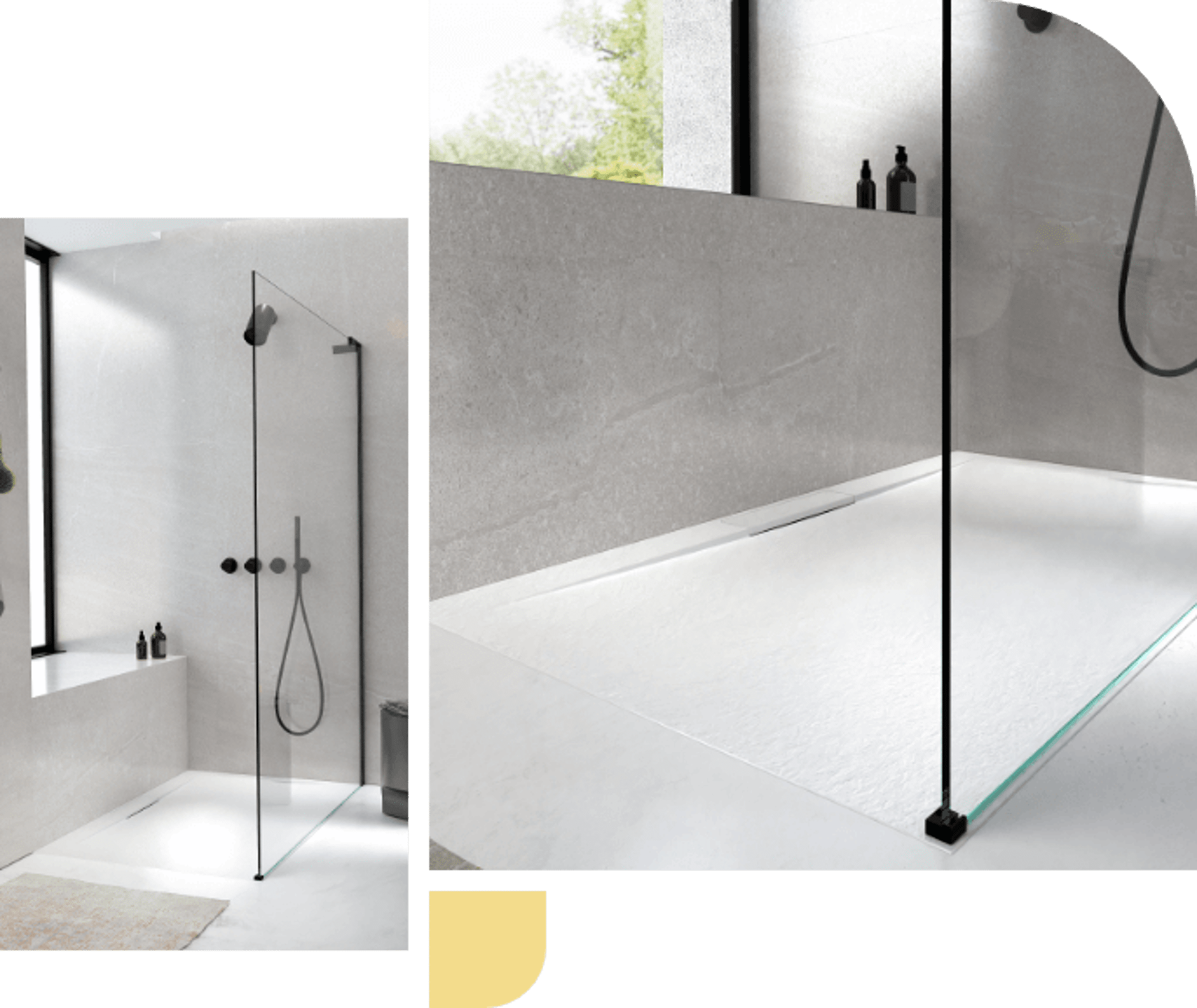 Moderne begehbare Dusche mit Glaswand, schwarzem Metall-Duschkopf und minimalistischem Design.