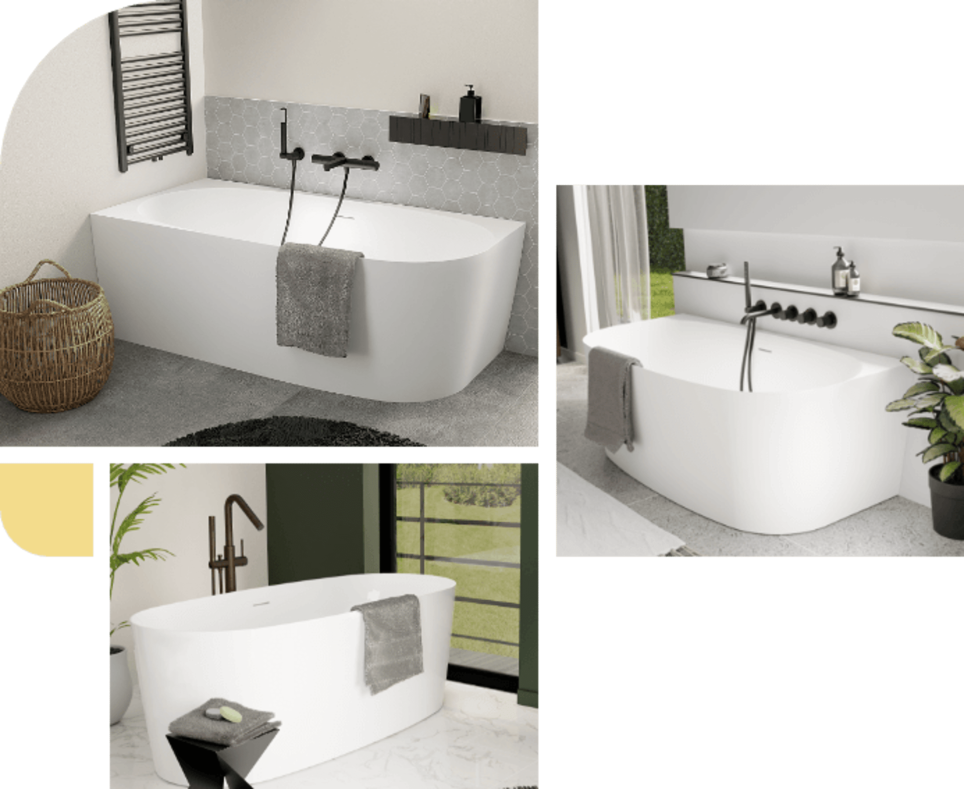 Weiße freistehende Badewanne mit modernen schwarzen Armaturen und einem Handtuch am Rand.