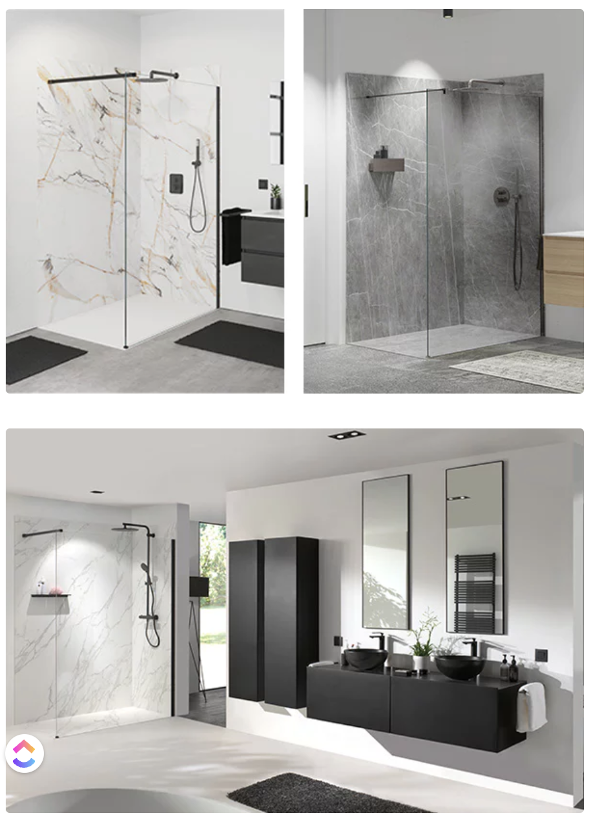 Luxuriöse Walk-in-Duschen mit Marmoroptik-Wänden und schwarzem Badmöbel mit Doppelwaschbecken.