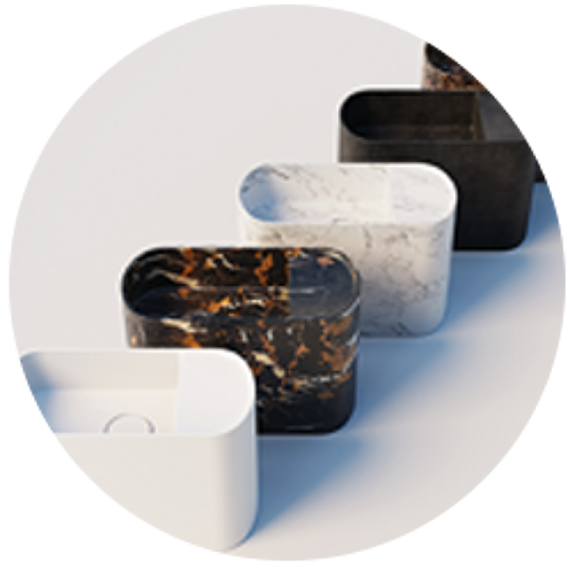 Waschbecken in verschiedenen Farben und Materialien, darunter Marmor und Schwarz, modernes Design.