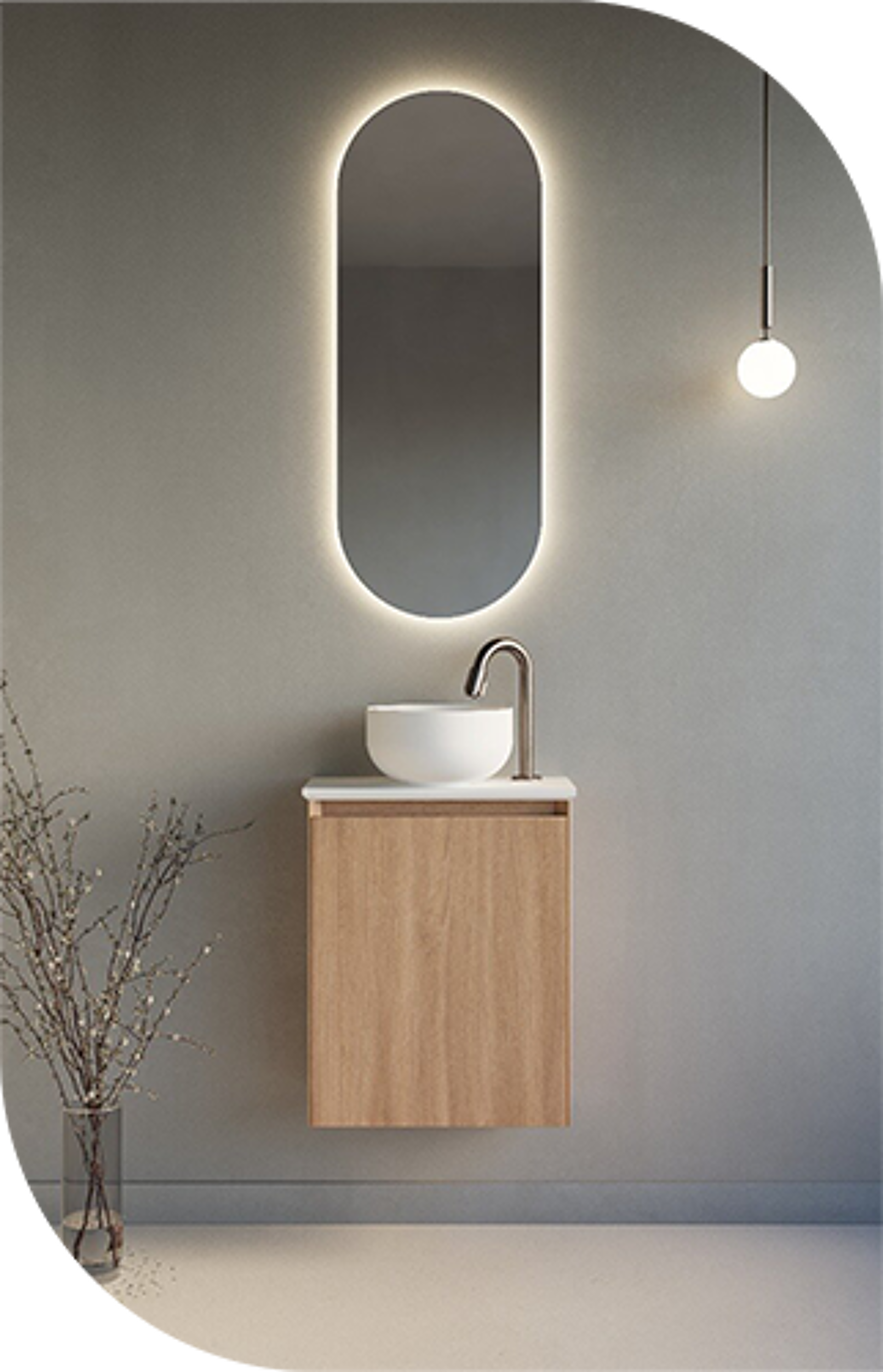 Minimalistisches Waschbecken mit Holz-Möbel, runder Becken und beleuchtetem ovalem Spiegel, modernes Design.