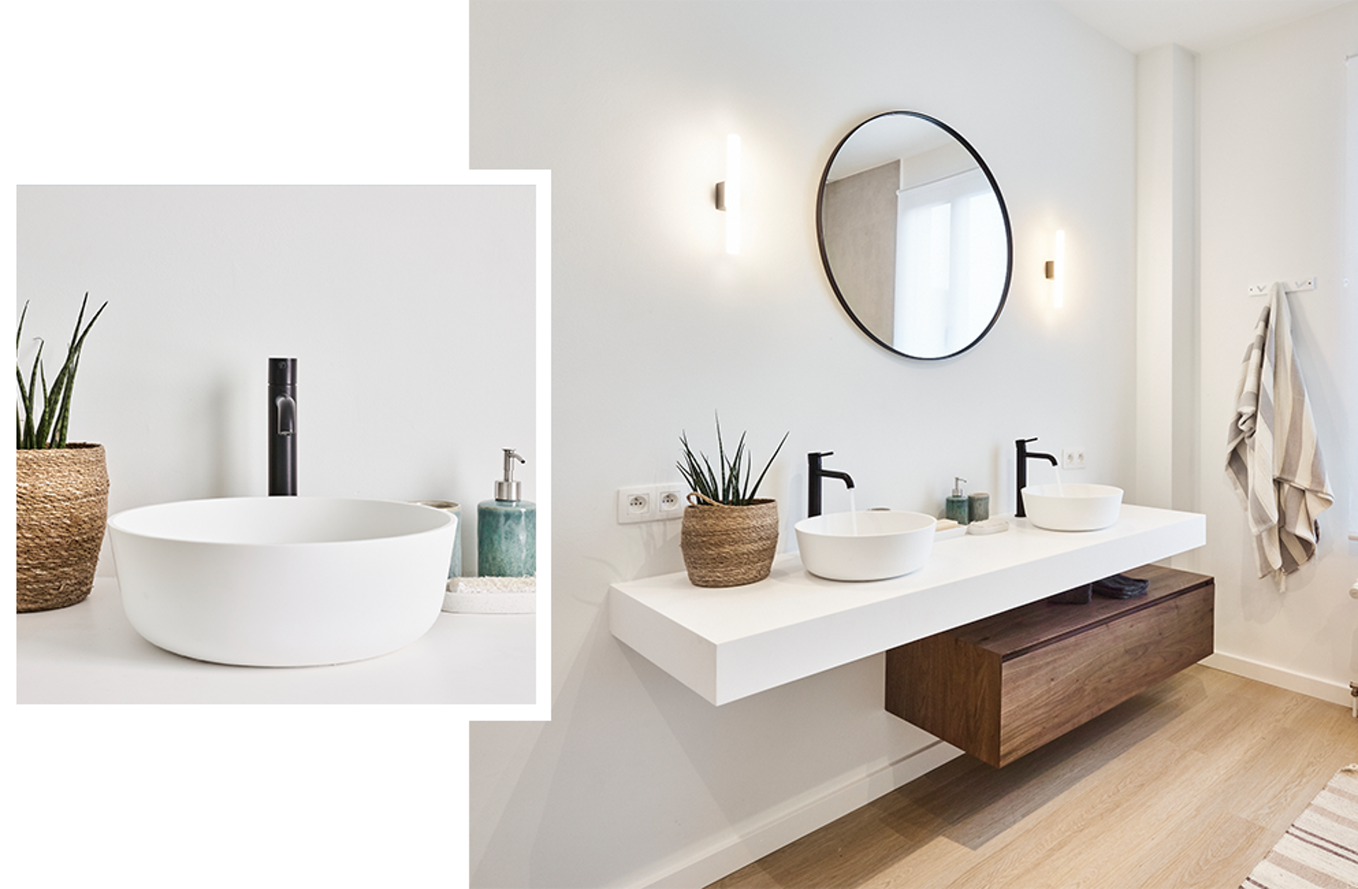 Schlichtes Badezimmer mit doppeltem weißen Waschbecken, schwarzen Armaturen, rundem Spiegel und Holz-Möbel.
