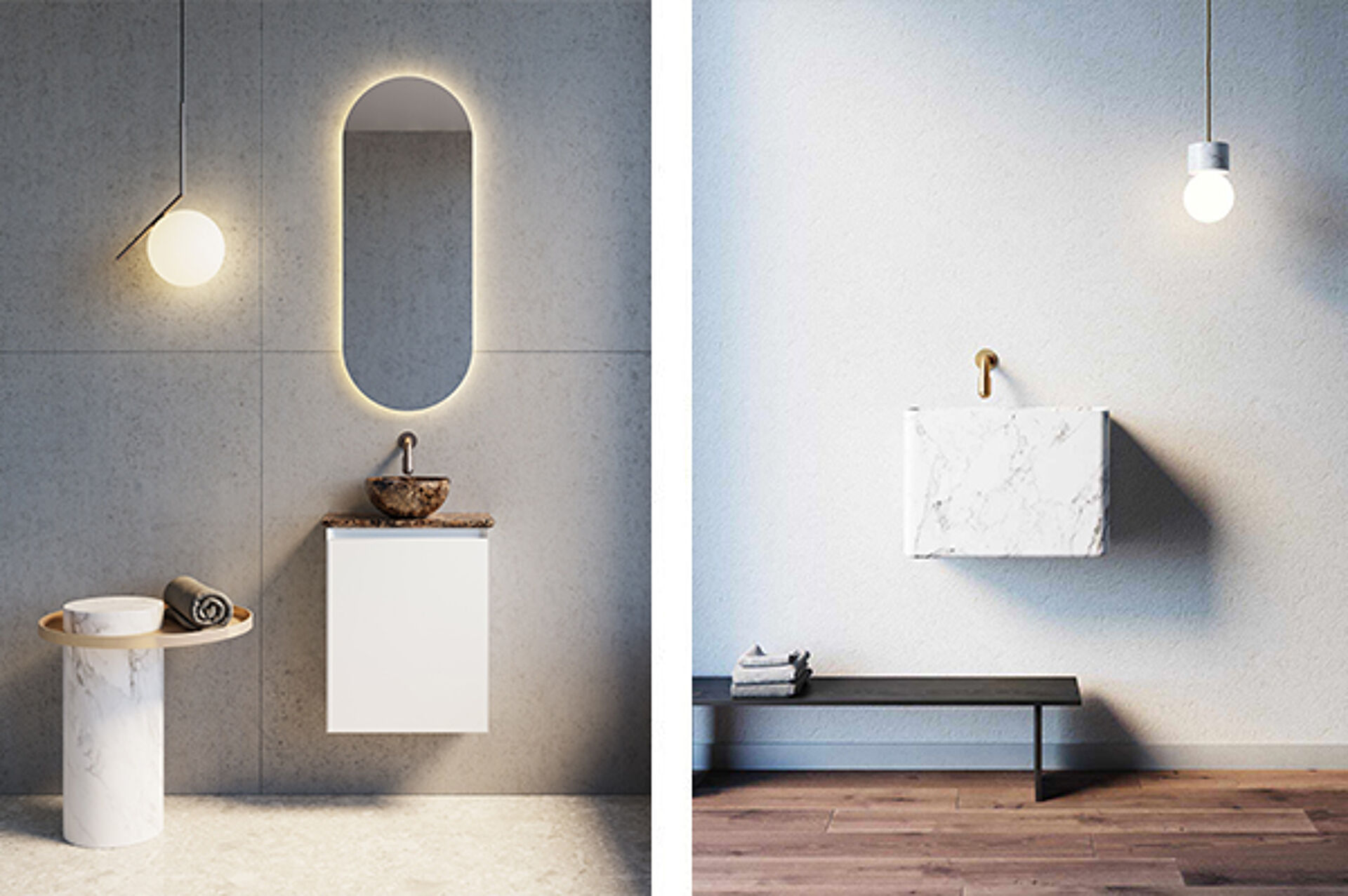 Zwei minimalistische Badezimmer mit Marmorwaschbecken, moderner Beleuchtung und klaren Möbeln.