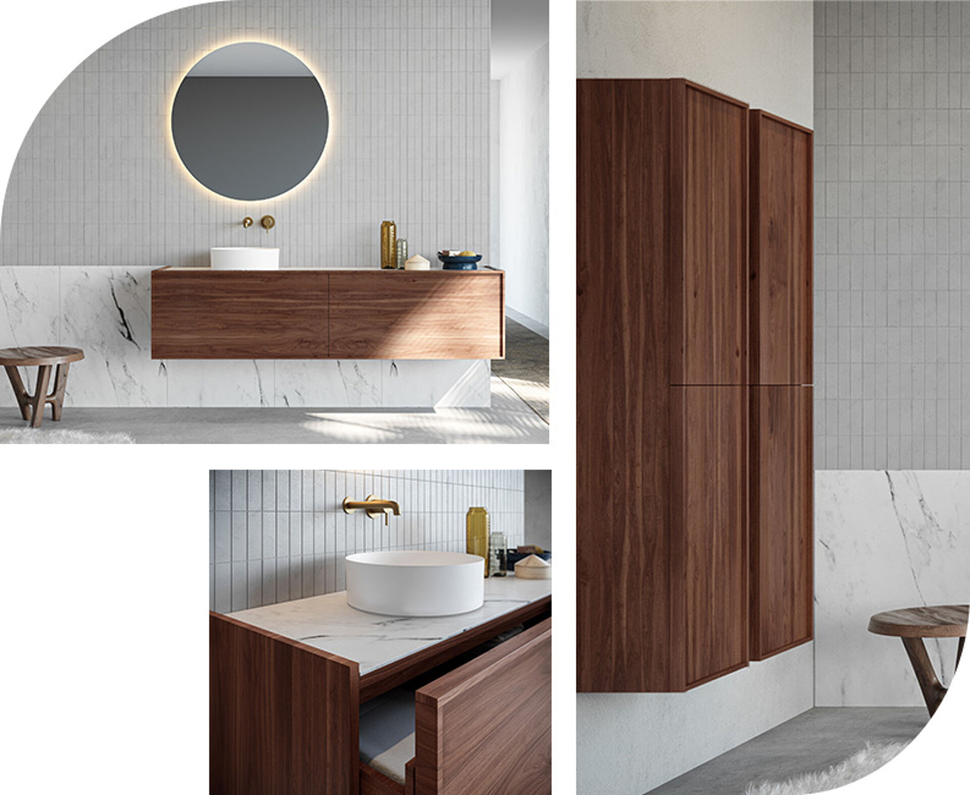 Salle de bain moderne avec meuble lavabo en bois, miroir rond, robinet doré et accents en marbre.