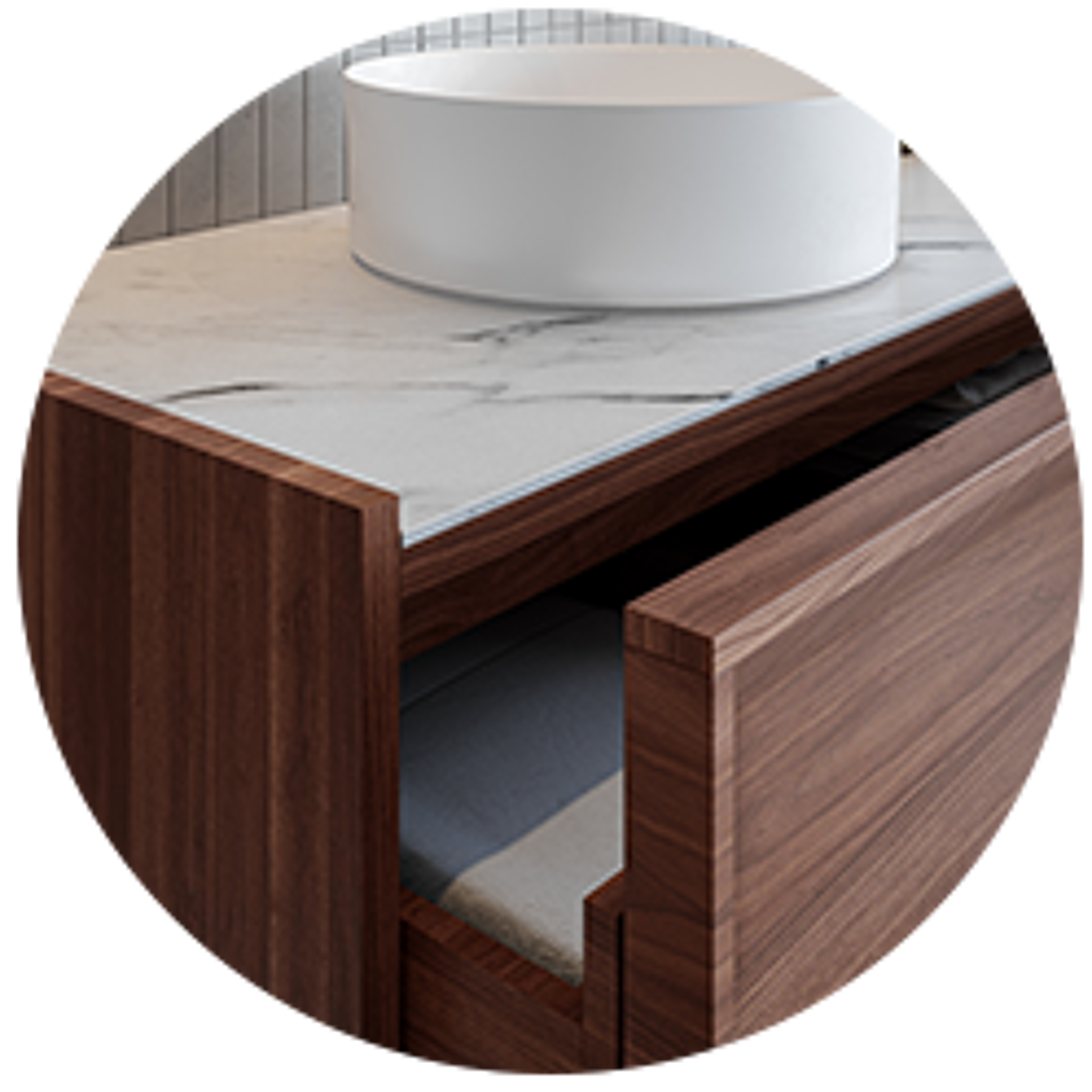 Meuble lavabo en bois avec plateau en marbre et lavabo rond, design moderne et épuré.