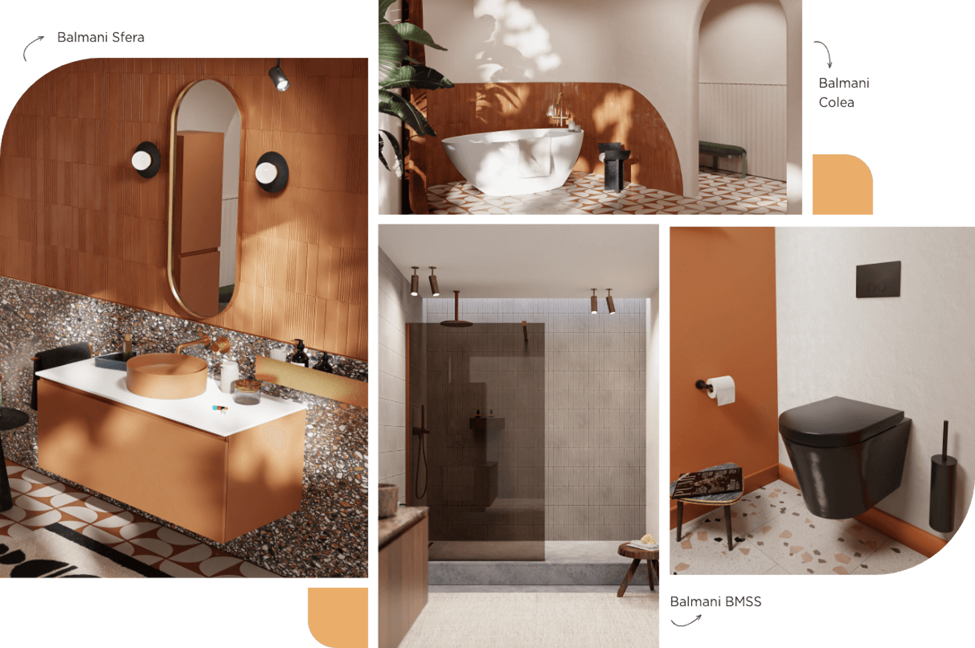 Modernes Badezimmer mit orangen Akzenten, freistehender Badewanne, Waschbeckenmöbel und Walk-in-Dusche.