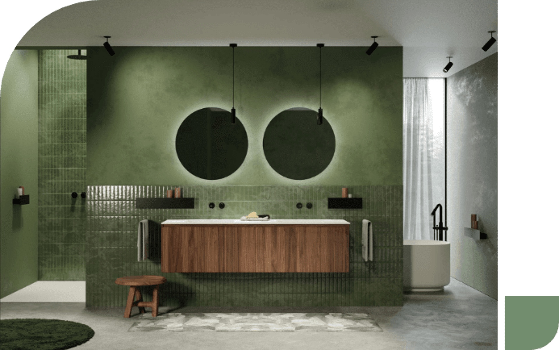  Badezimmer mit grünen Wänden, Holz-Waschbeckenmöbel, runden Spiegeln und freistehender Badewanne