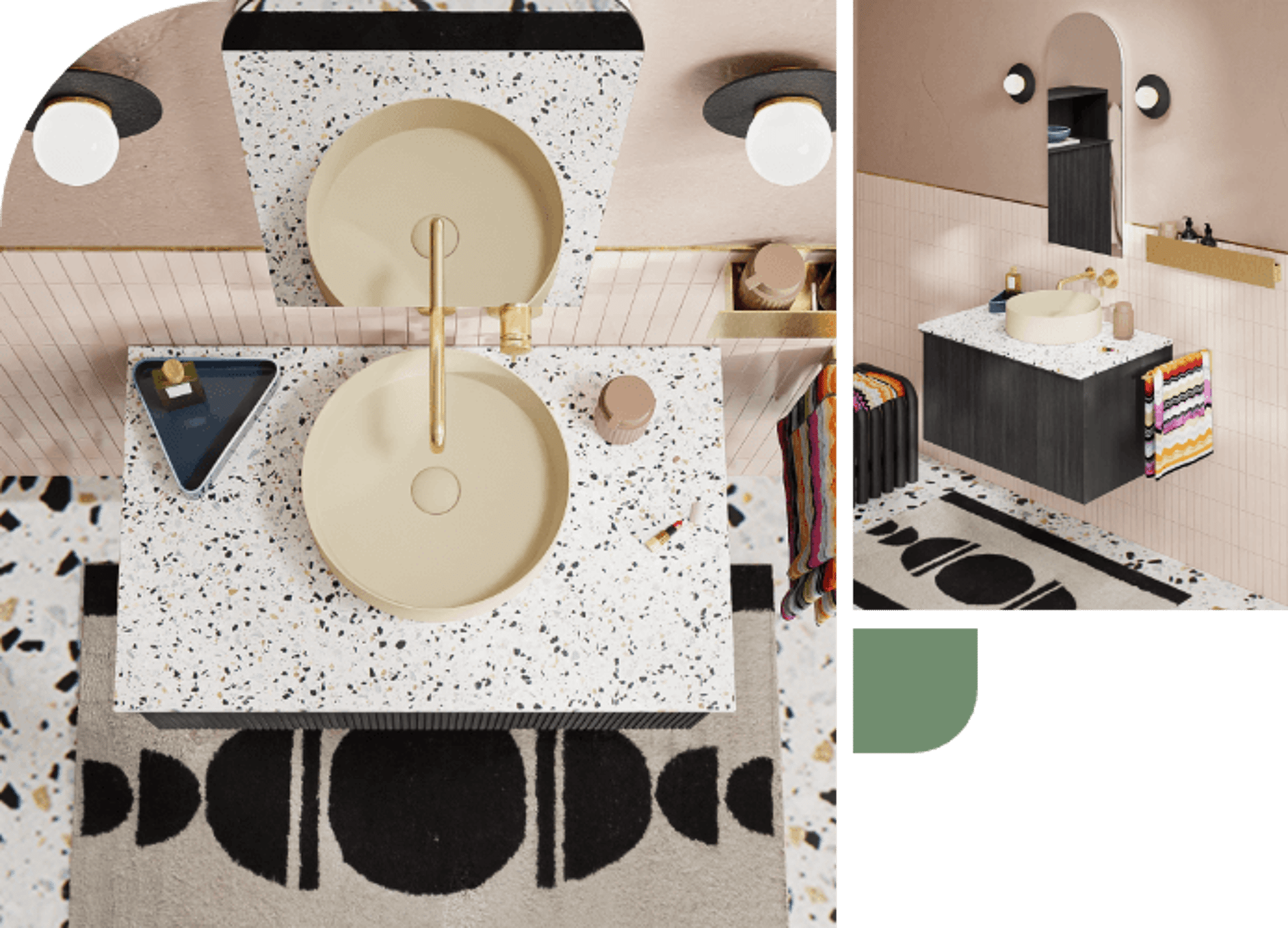 Badezimmer mit Terrazzo-Waschbecken, goldener Armatur und schwarz-weißen Möbeln, minimalistisches Design.
