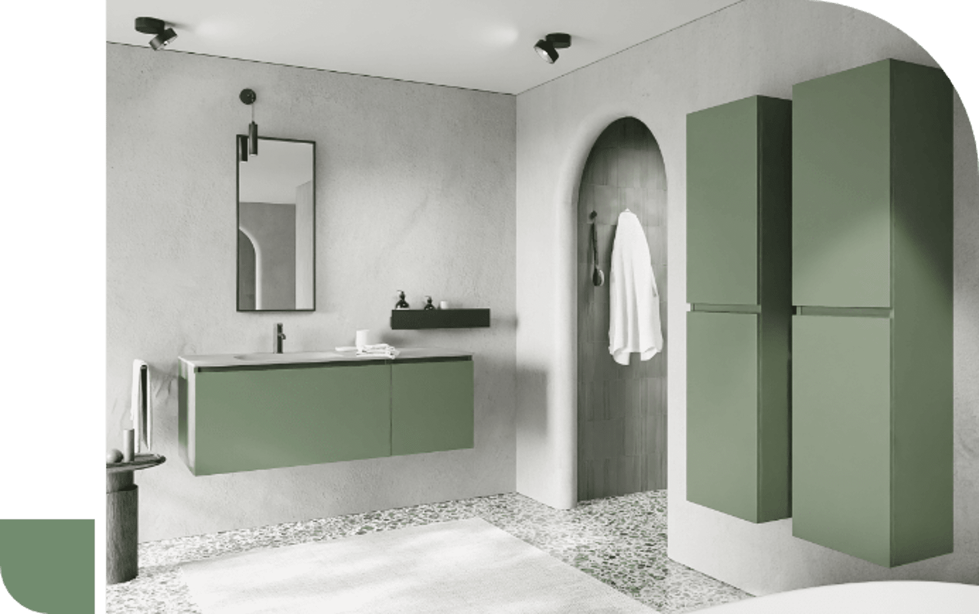  Badezimmer mit grünen Möbeln, Terrazzo-Boden und modernem Waschbecken, minimalistisches und elegantes Design.