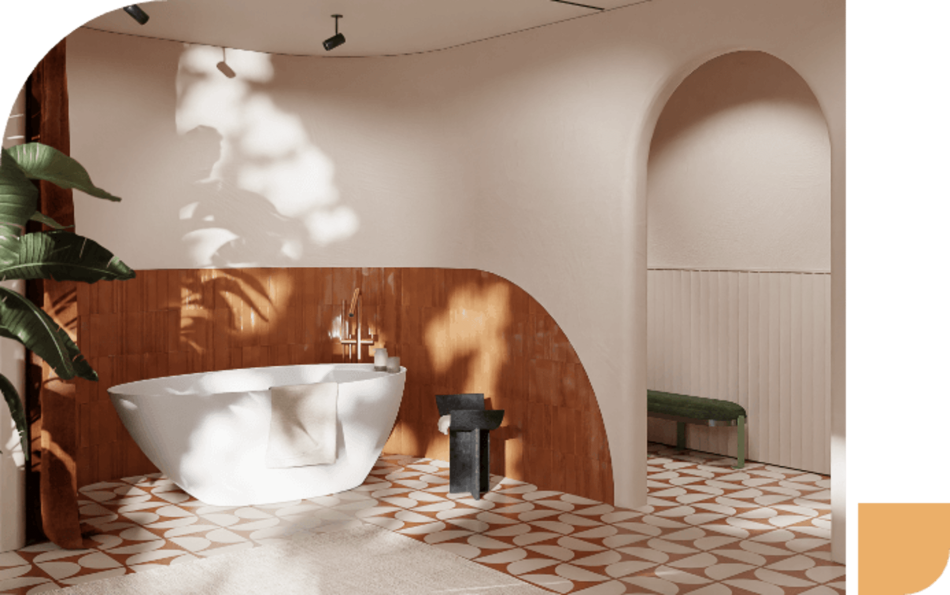 Badezimmer mit freistehender Badewanne, organischen Formen, terrakotta Wand und geometrischen Fliesen.