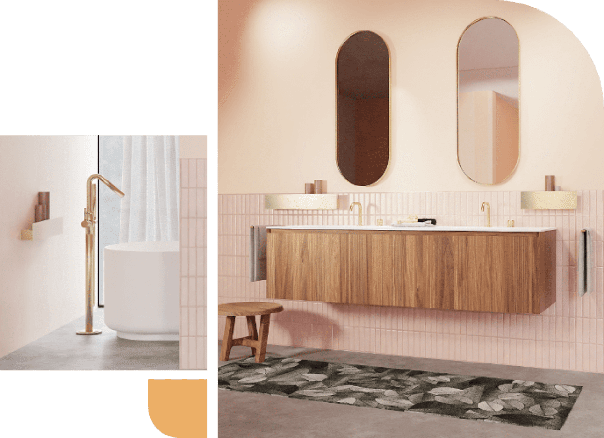 Modernes Badezimmer mit Holz-Waschbeckenmöbel, goldenen Armaturen, ovalen Spiegeln und freistehender Badewanne.
