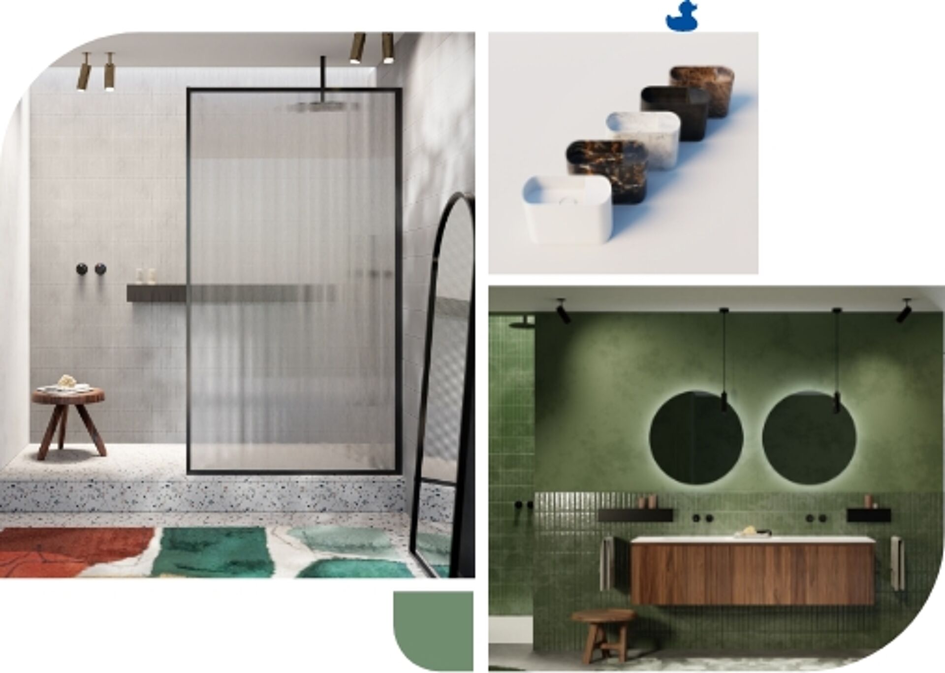 Badezimmer mit Walk-in-Dusche, grünen Fliesen, Holz-Waschbeckenmöbel und verschiedenen Waschbecken.