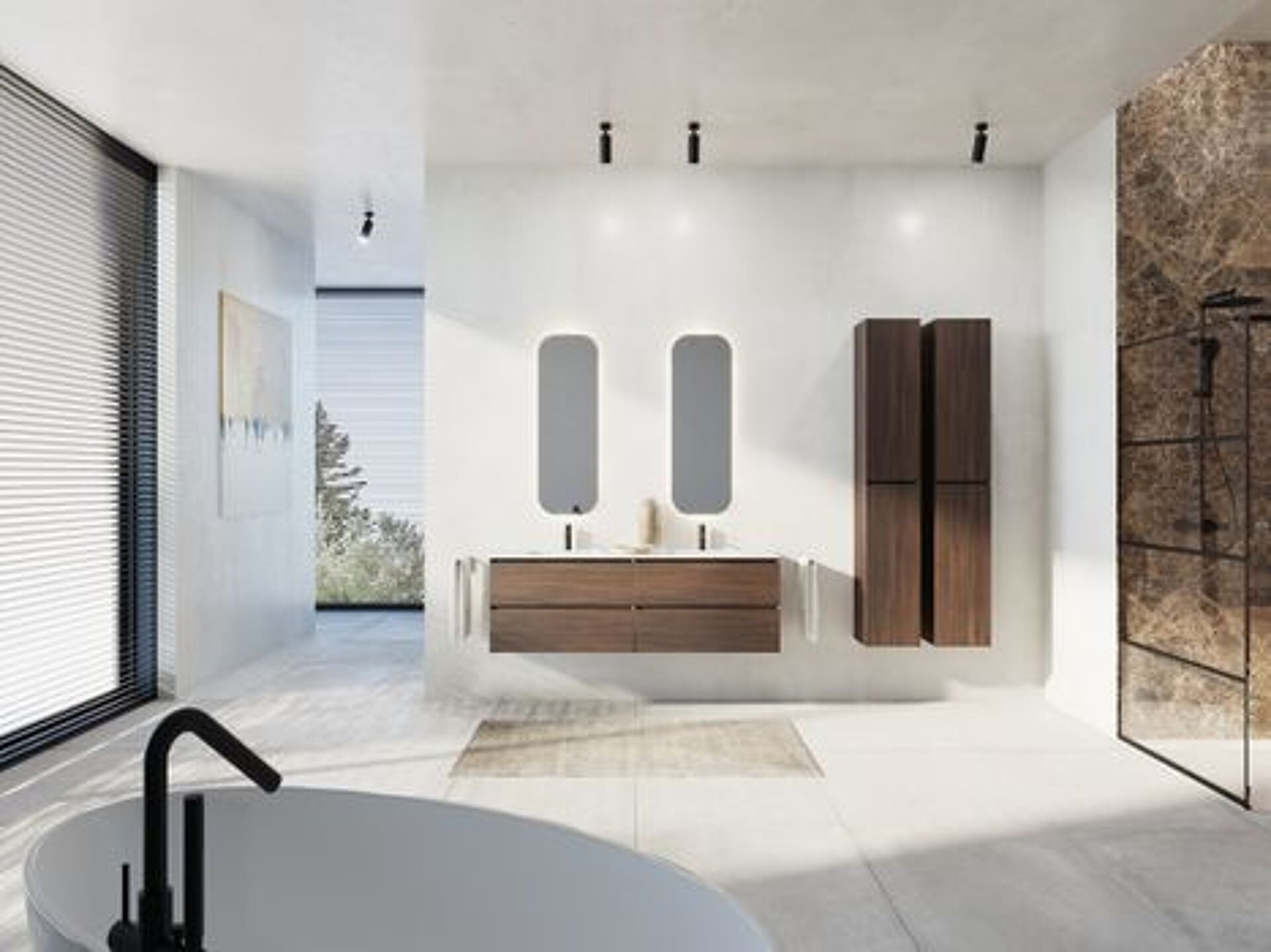 Moderne badkamer met houten wastafelmeubel, dubbele wastafels, verlichte spiegels en inloopdouche.