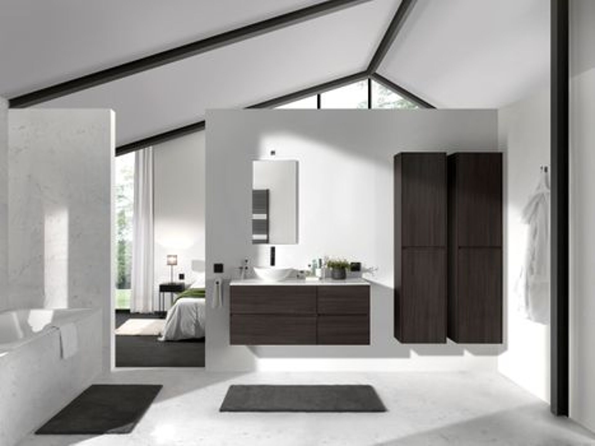 Badkamer met houten wastafelmeubel, moderne spiegel en grote ramen voor veel licht.