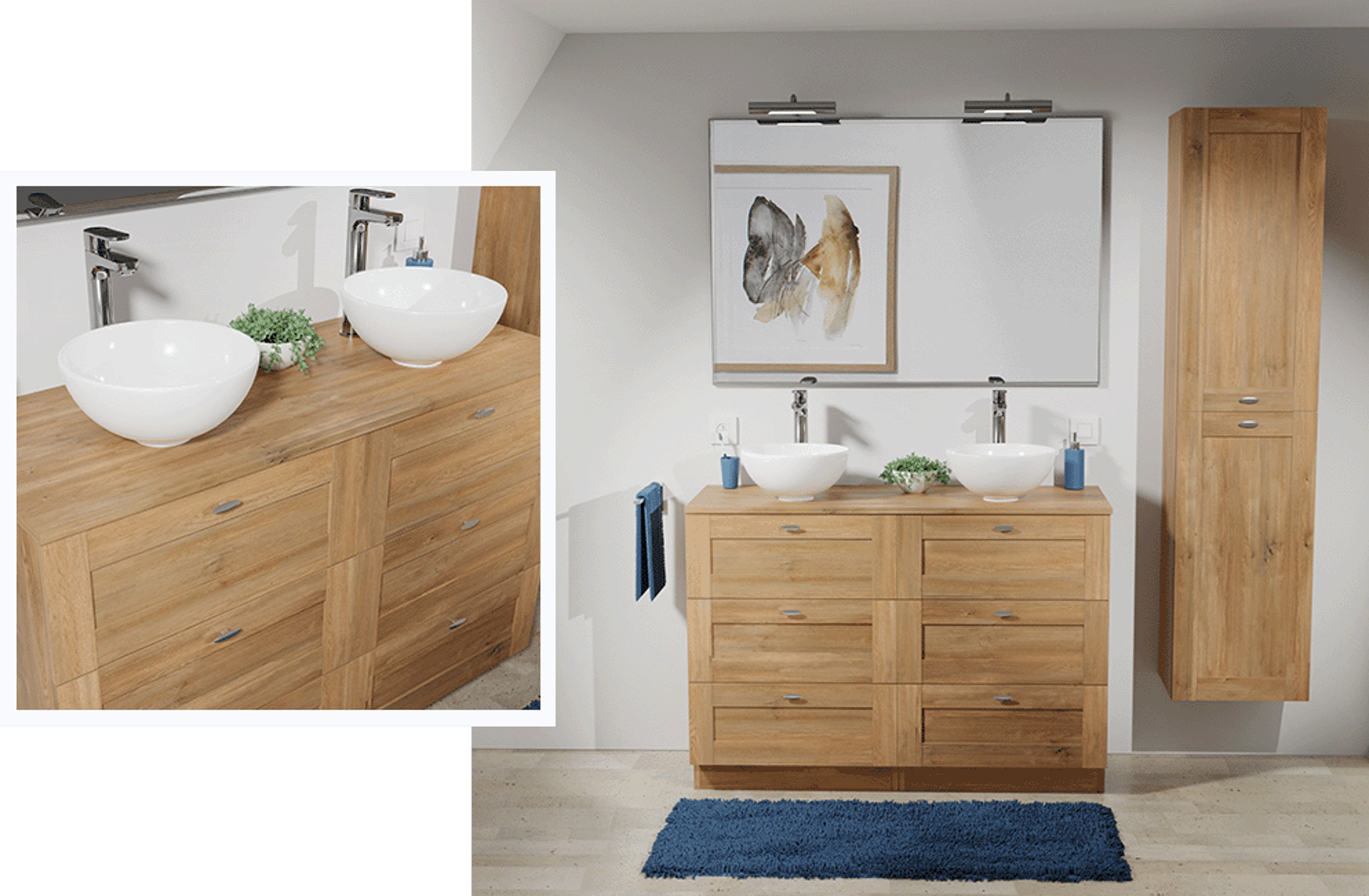 Badezimmer mit Holz-Waschbeckenmöbel, Doppelwaschbecken, moderner Beleuchtung und Stauraum.