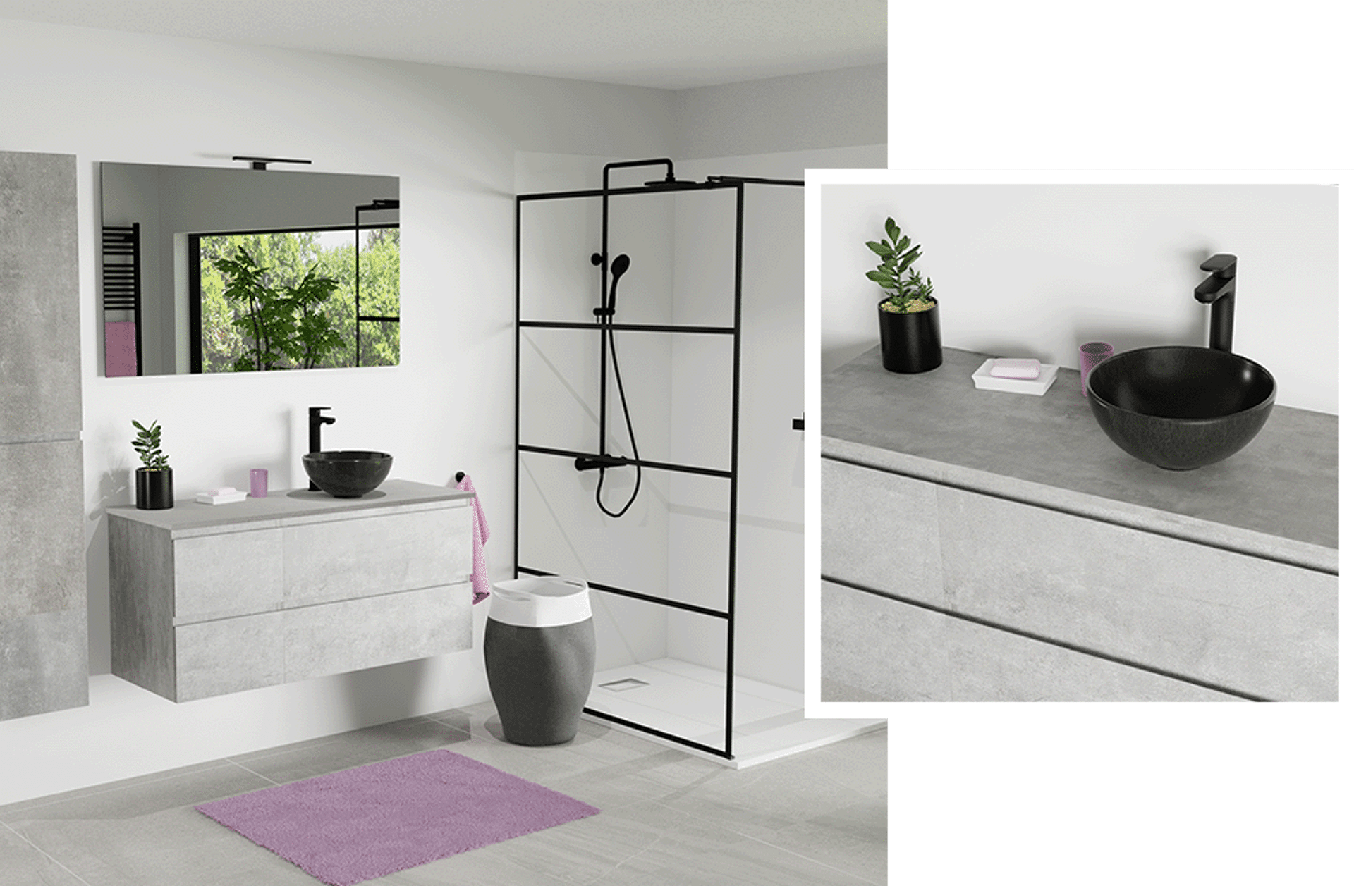 Badezimmer mit grauem Waschbeckenmöbel, schwarzem Waschbecken, Walk-in-Dusche und modernen Accessoires.