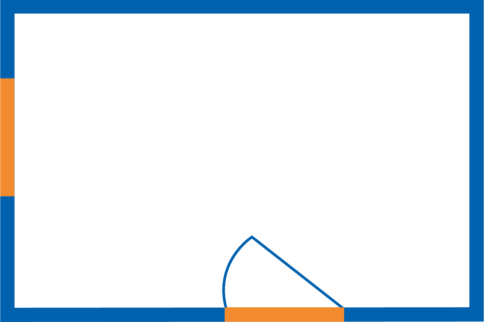 Leerer Grundriss mit blauer Umrandung und abgerundeter orangefarbener Ecke.
