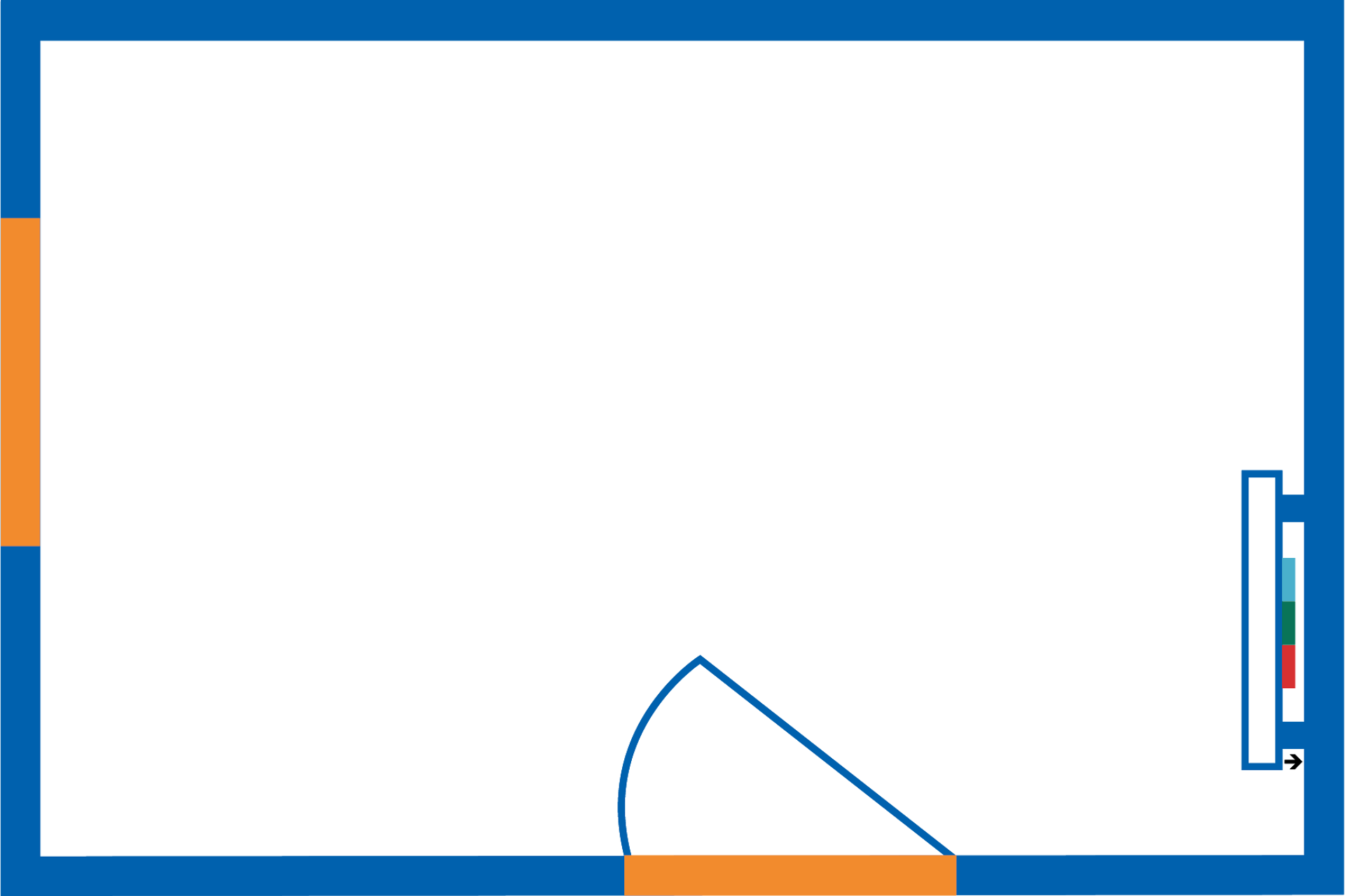 Leerer Grundriss mit blauem Rand, orange abgerundeter Ecke und Farbskala auf der rechten Seite