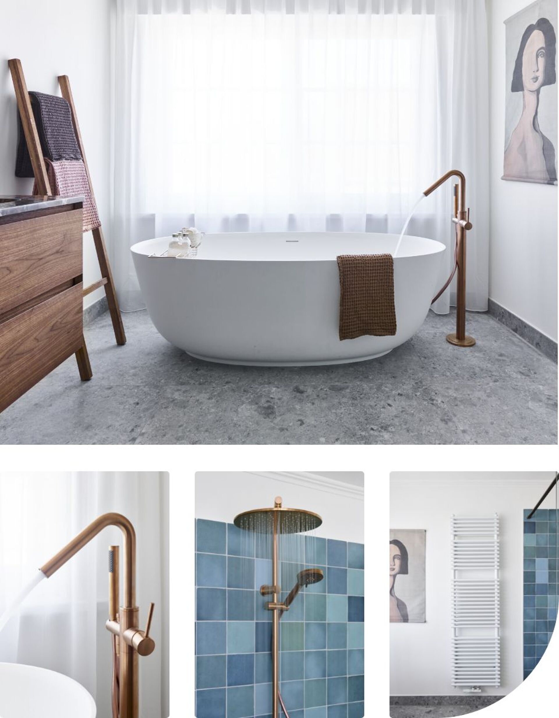 Badezimmer mit freistehender Badewanne, goldenem Wasserhahn, Dusche mit blauen Fliesen, Handtuchhalter und einem Gemälde an der Wand.
