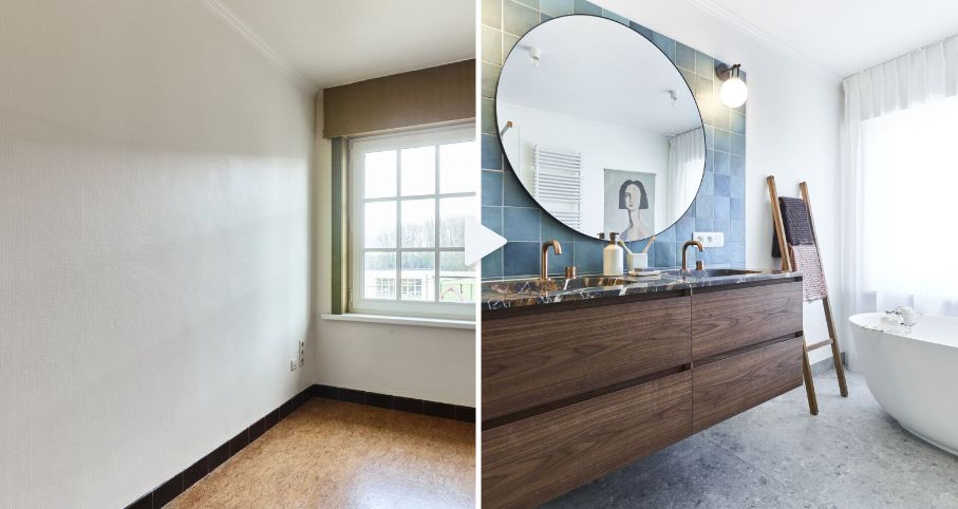 Links ein leeres Zimmer mit Fenster, rechts ein Badezimmer mit Waschbecken, goldenen Wasserhähnen und einer freistehenden Badewanne.
