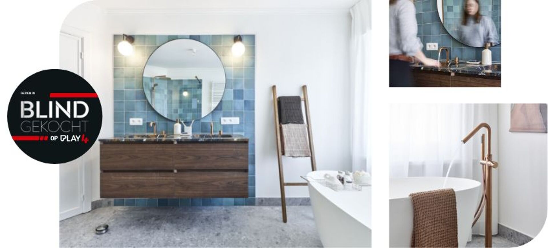 Holz-Badezimmerschrank mit Marmorwaschtisch, runder Spiegel, Kupferarmatur und freistehende Badewanne.