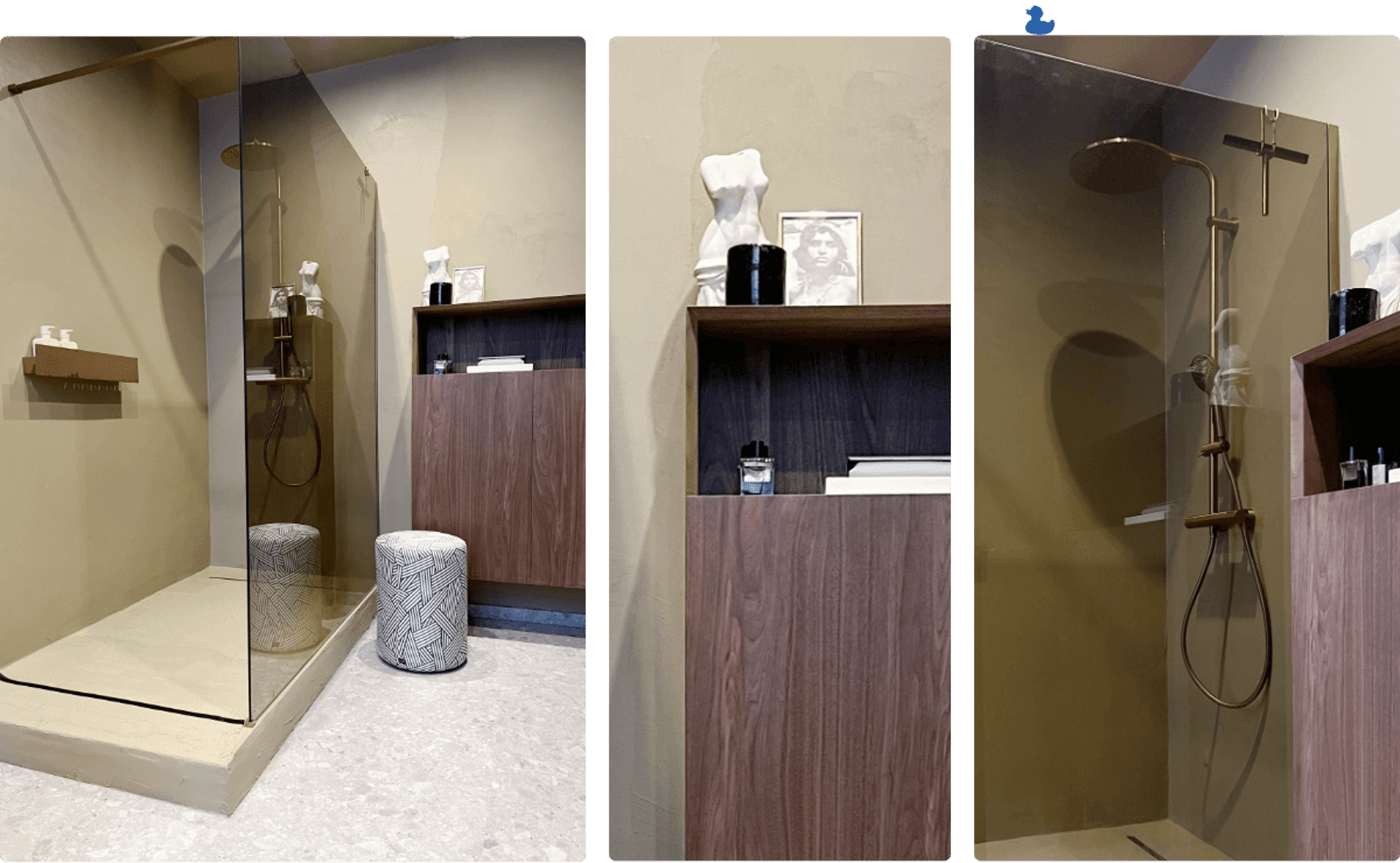 Moderne Duschkabine mit Glaswand, Regendusche und Holzschrank mit Accessoires.