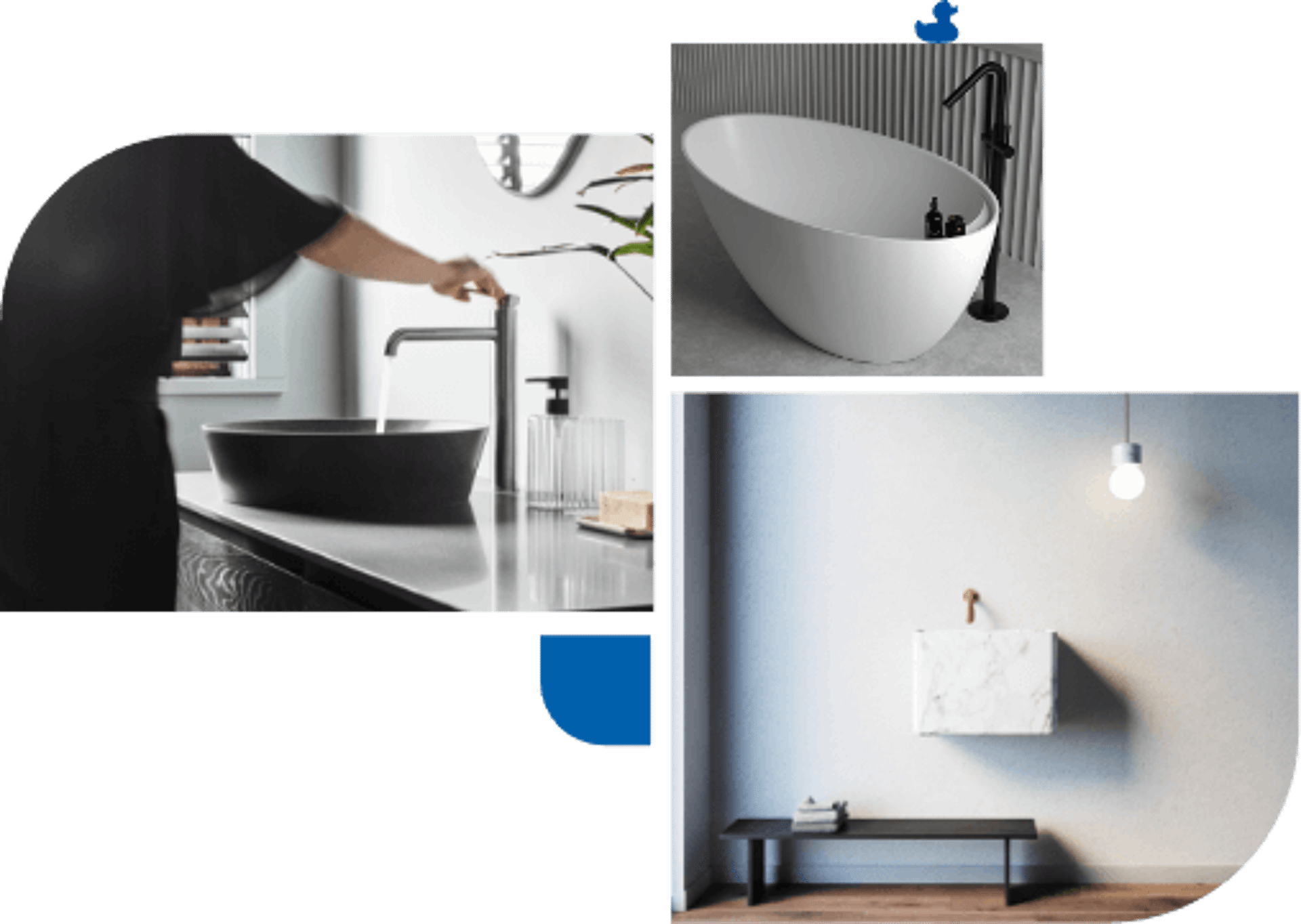 Schwarzes Waschbecken mit modernem Wasserhahn, freistehende weiße Badewanne und Marmortuchhalter.