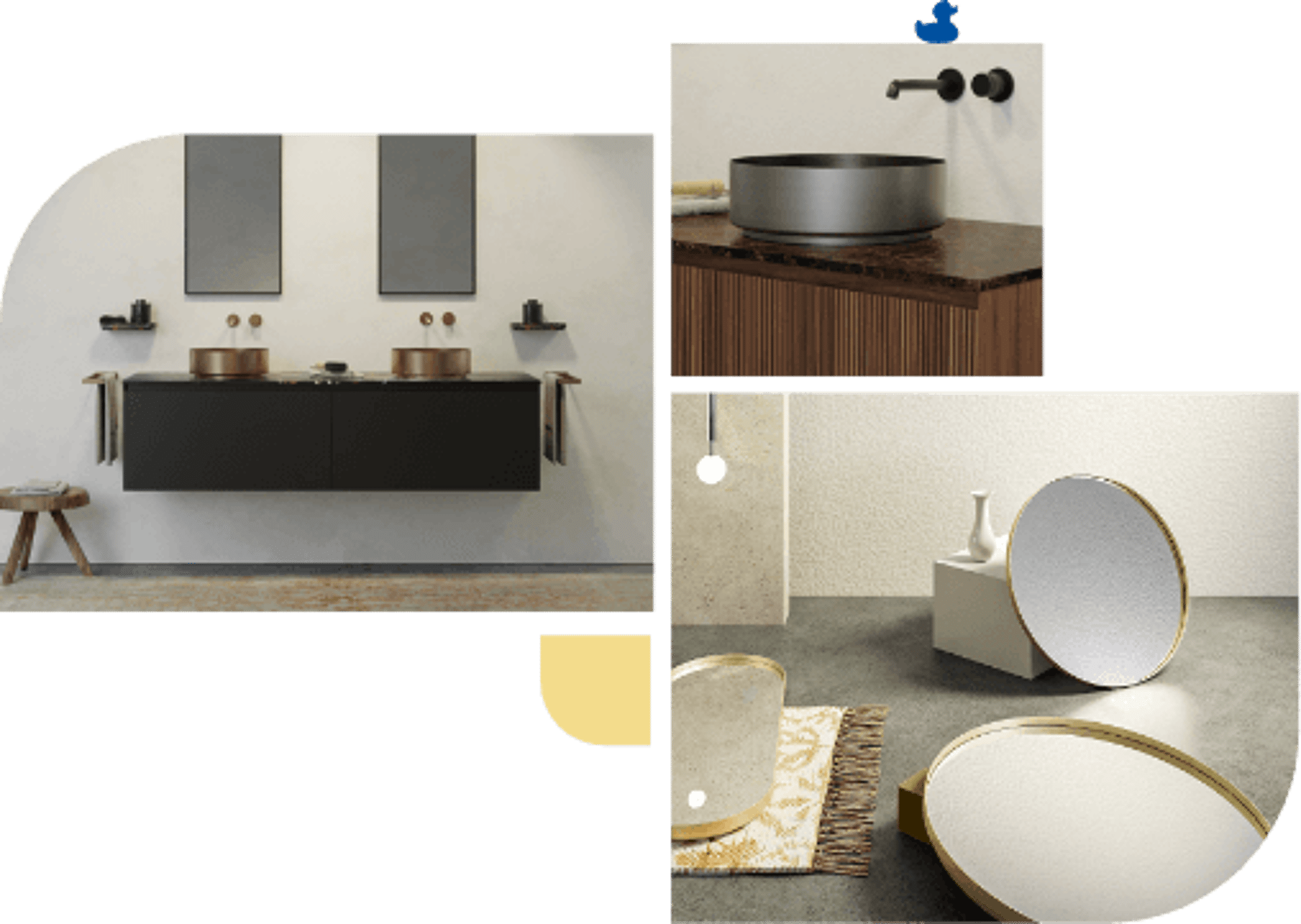 Doppelte Waschbecken auf schwarzem Schrank, moderne Wasserhähne, runde Spiegel mit goldenem Rand.